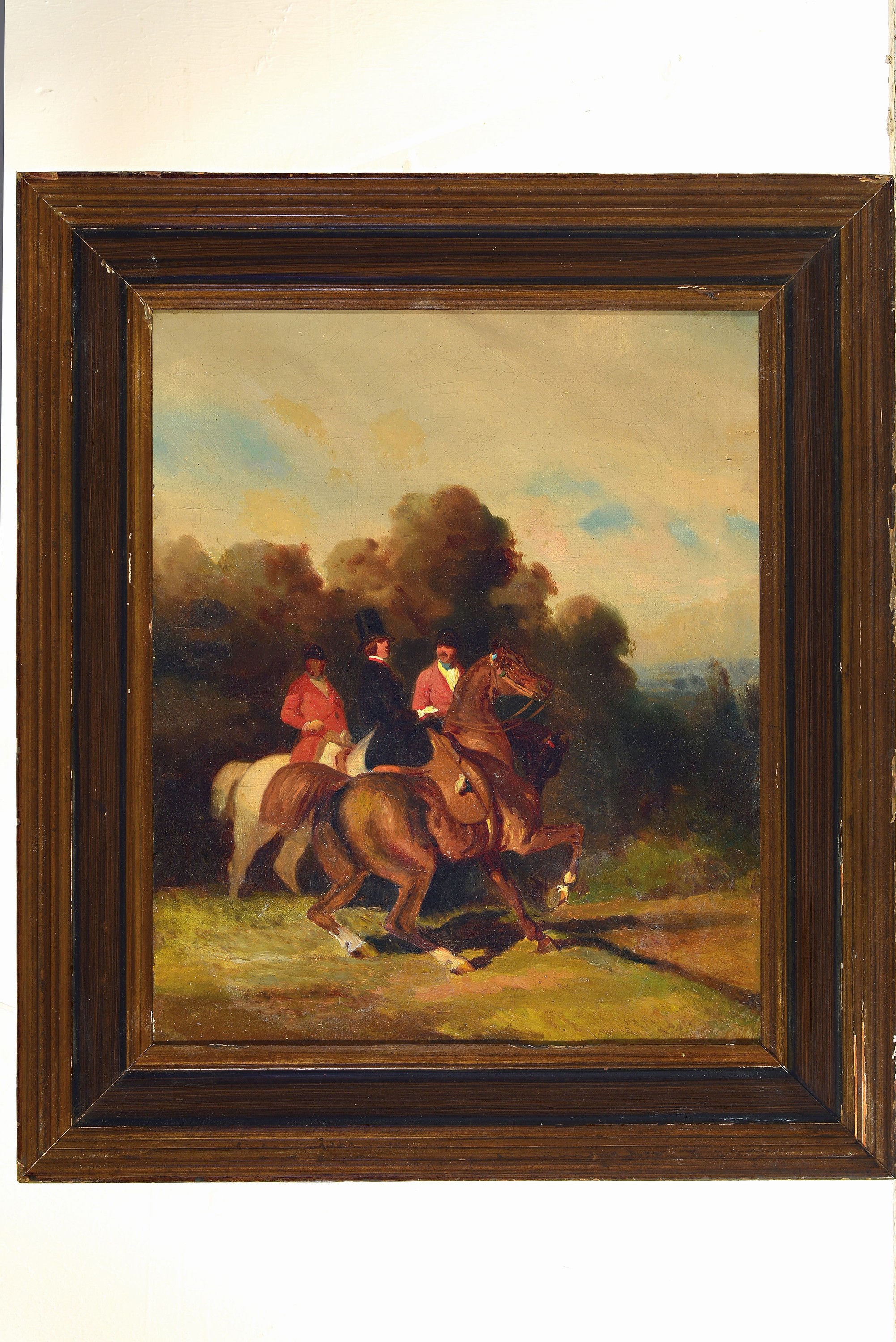 Detail k: Französischer Künstler, Mitte 19. Jh., vornehme Gesellschaft beim Ausritt, Öl/Lwd, unsigniert, l. Altersspuren, ca. 40 x 35 cm, krakeliert, Rahmen