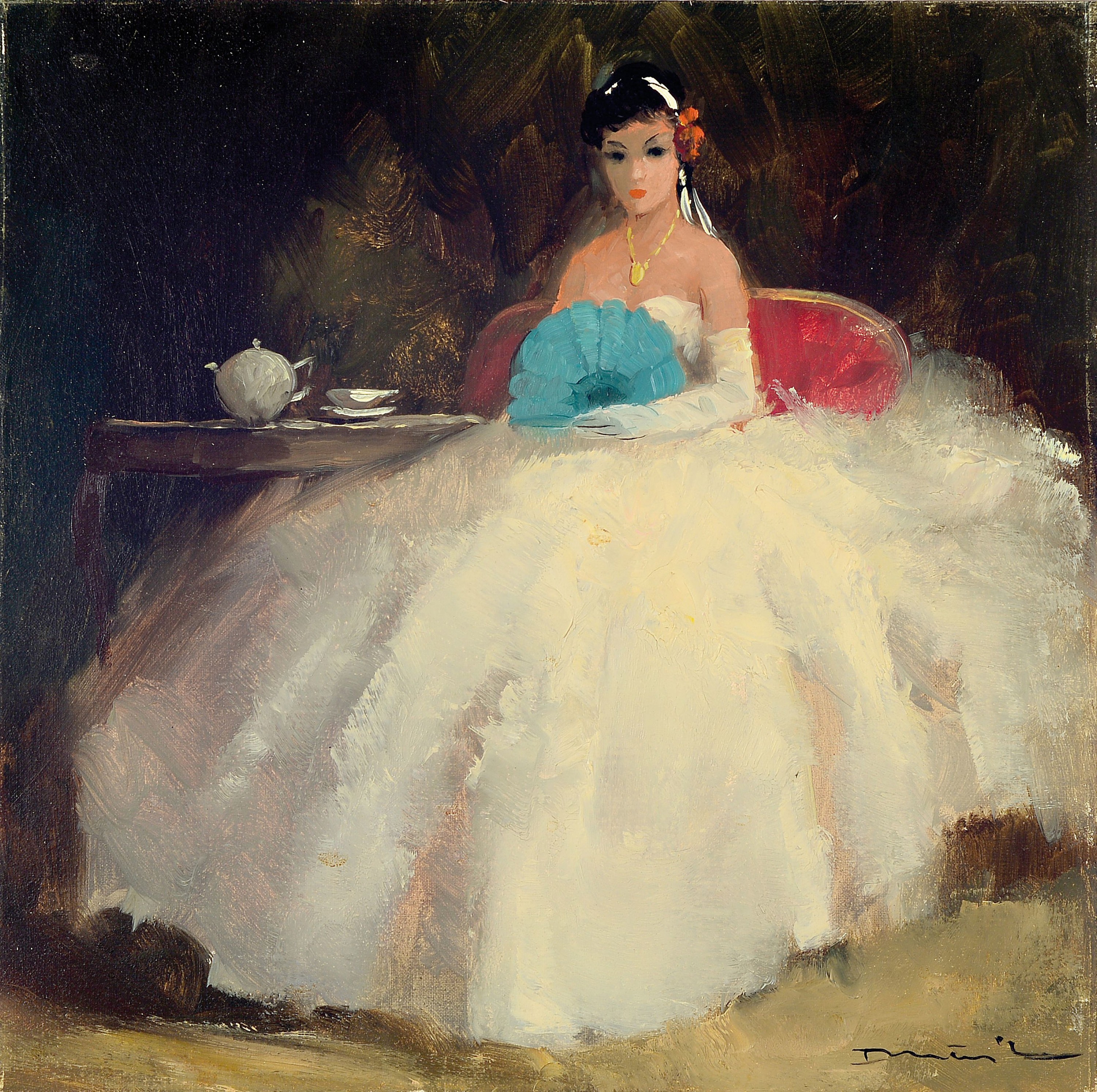 Fritz Möritz, 1922 Düsseldorf - 1984, elegante Balldame beim Tee, Öl/Lwd, signiert, 30 x 30 cm, Rahmen 35 x 35 cm