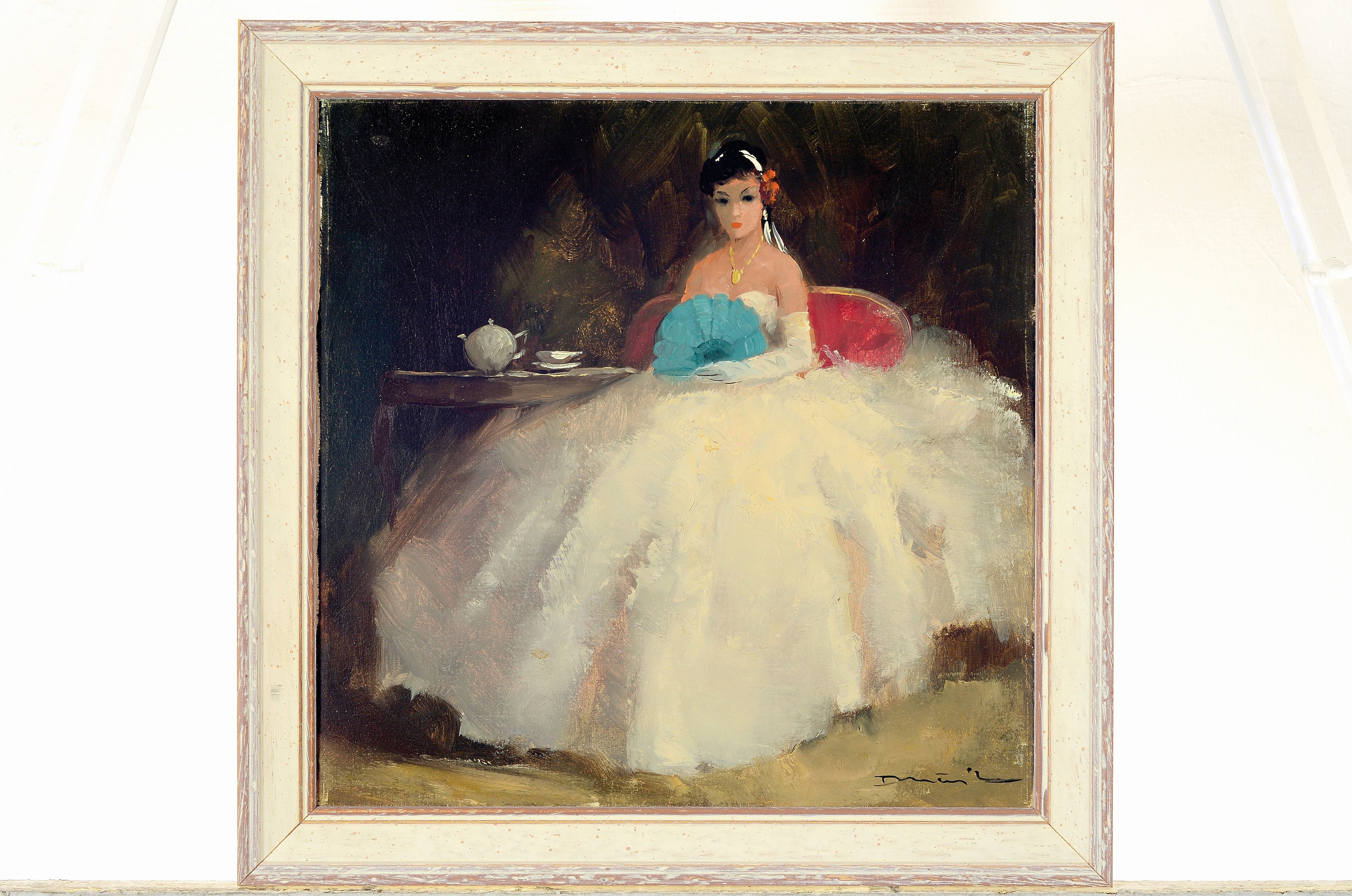 Detail k: Fritz Möritz, 1922 Düsseldorf - 1984, elegante Balldame beim Tee, Öl/Lwd, signiert, 30 x 30 cm, Rahmen 35 x 35 cm