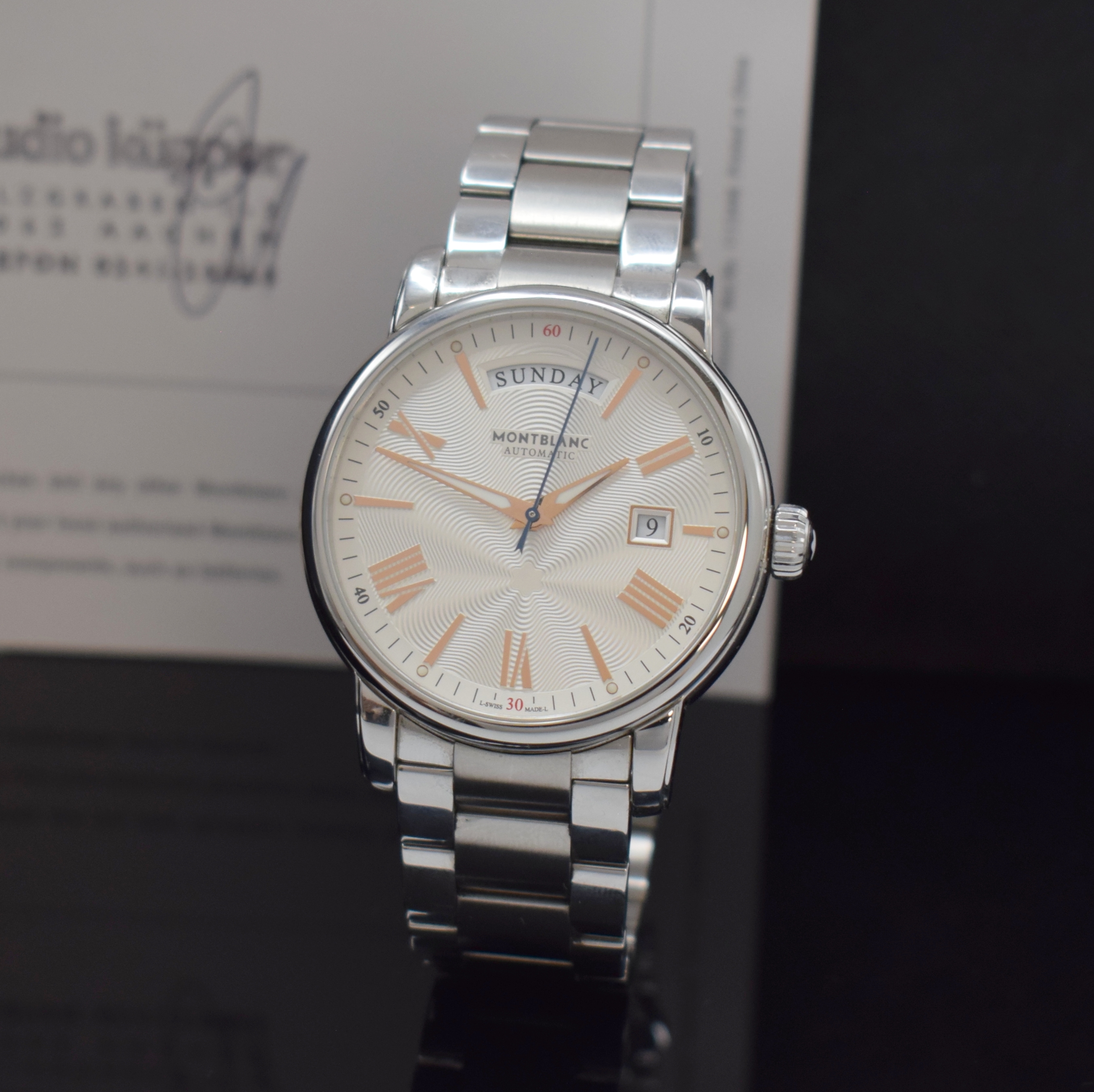 MONTBLANC 4810 Herrenarmbanduhr in Stahl Referenz 7391, Schweiz verk. lt. beil. Pap. 08/2022, Automatik, beids. vergl. Geh. inkl. orig. Gliederband ...