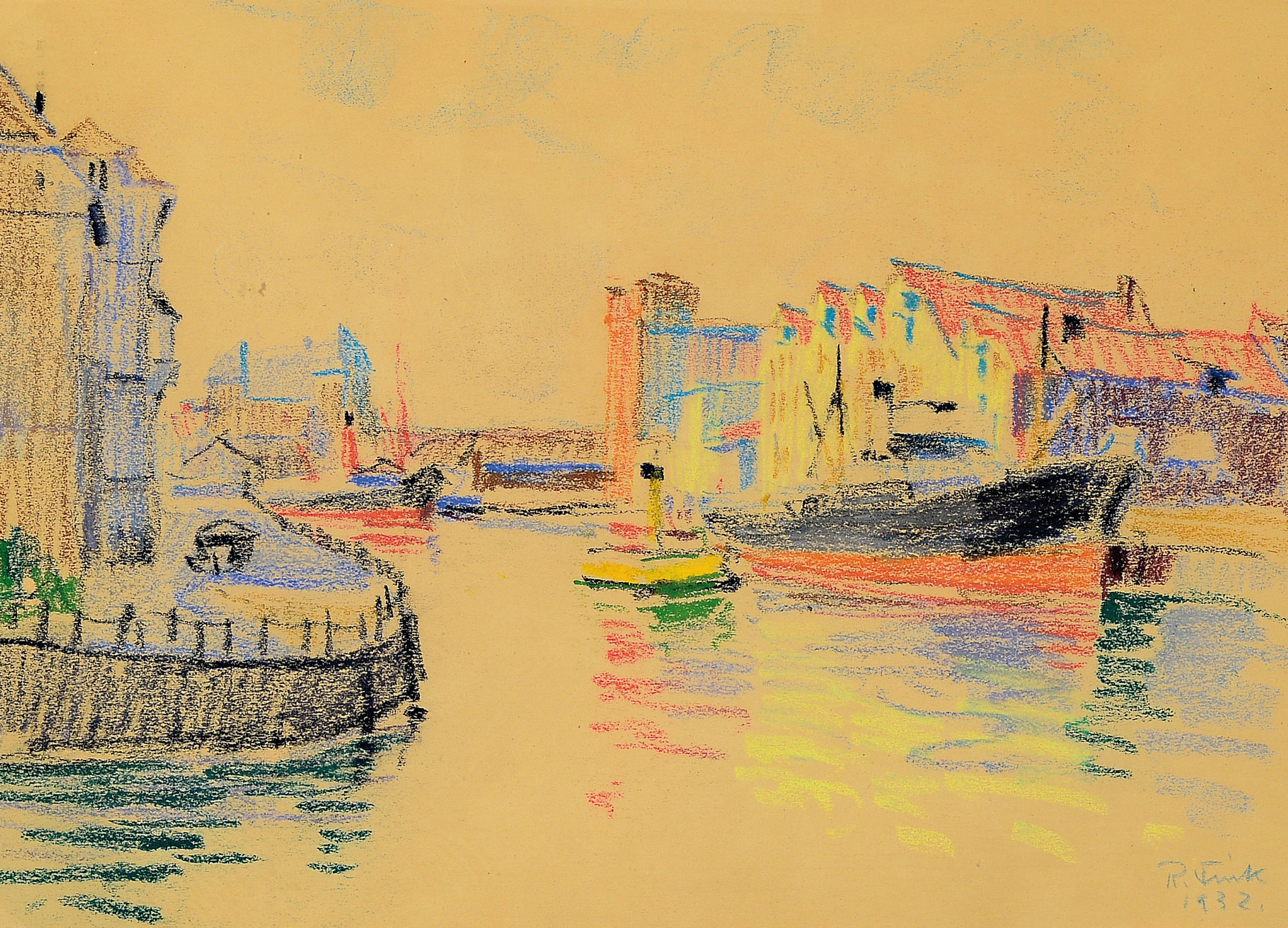 Robert Fink, 1878 Preßburg - München 1950, Pastell-Zeichnung, wohl Speicherstadt Hamburg,signiert dat. 1932, 21 x 28.5 cm, unter Glas, Rahmen ca. ...