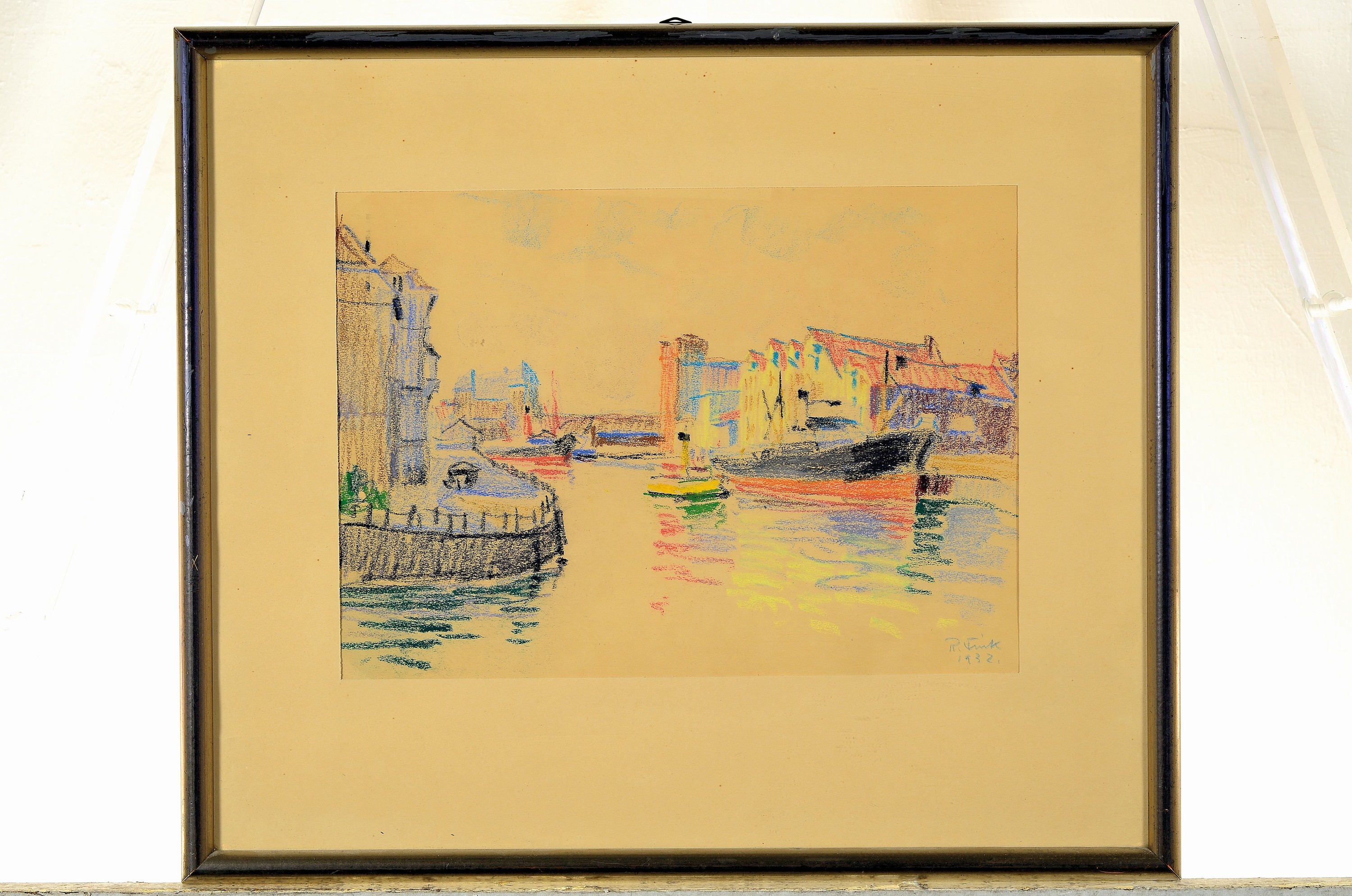 Detail k: Robert Fink, 1878 Preßburg - München 1950, Pastell-Zeichnung, wohl Speicherstadt Hamburg,signiert dat. 1932, 21 x 28.5 cm, unter Glas, Rahmen ca. ...