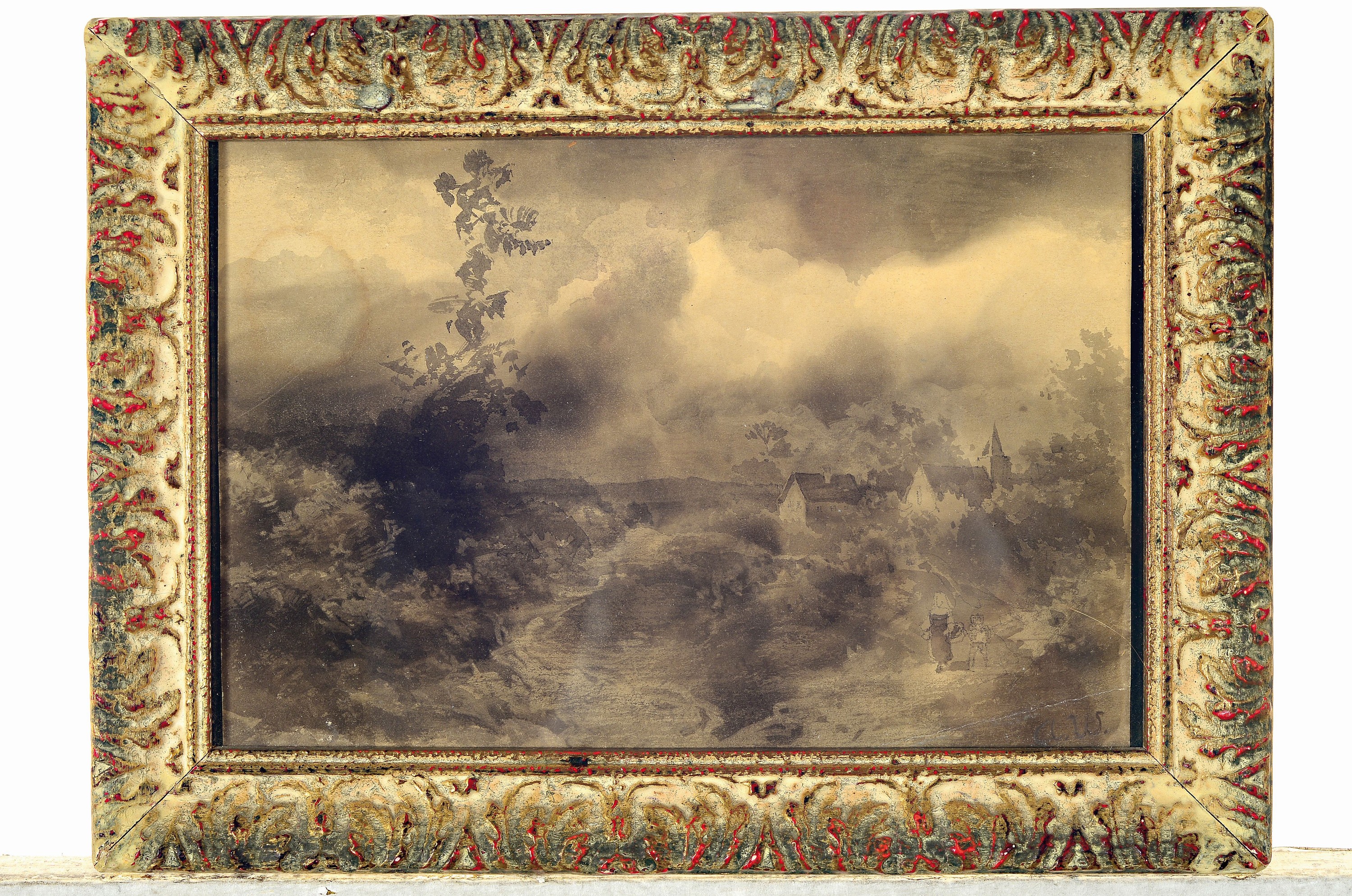 Detail k: August Weber, 1817 - 1873, Gewitterlandschaft auf Papier, Aquarell, re. unten monogrammiert , ca. 16 x 25 cm, leichte Altersschäden, unter Glas, ...