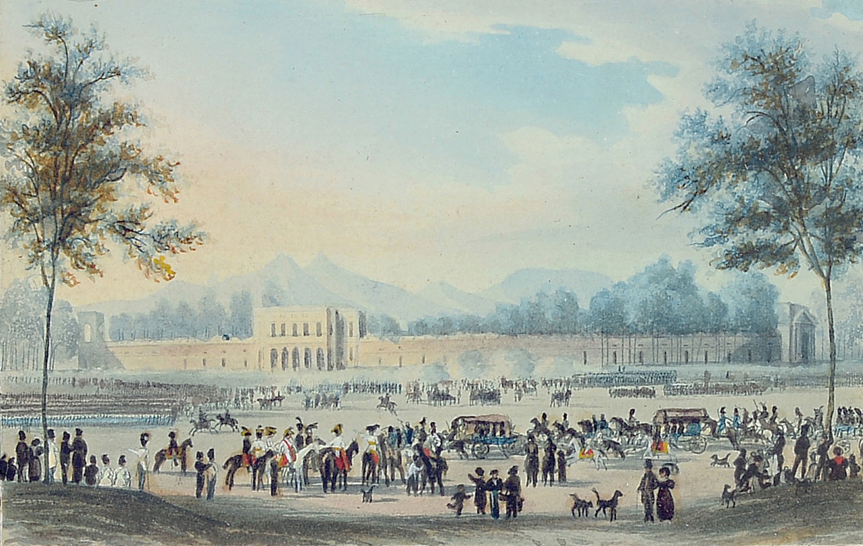 Miniaturmalerei, um 1820/30, kleine Gouache, Ansicht von Baden Baden mit Truppenparade, ca. 9 x 12 cm, unter Glas, Rahmen ca. 22 x 25 cm