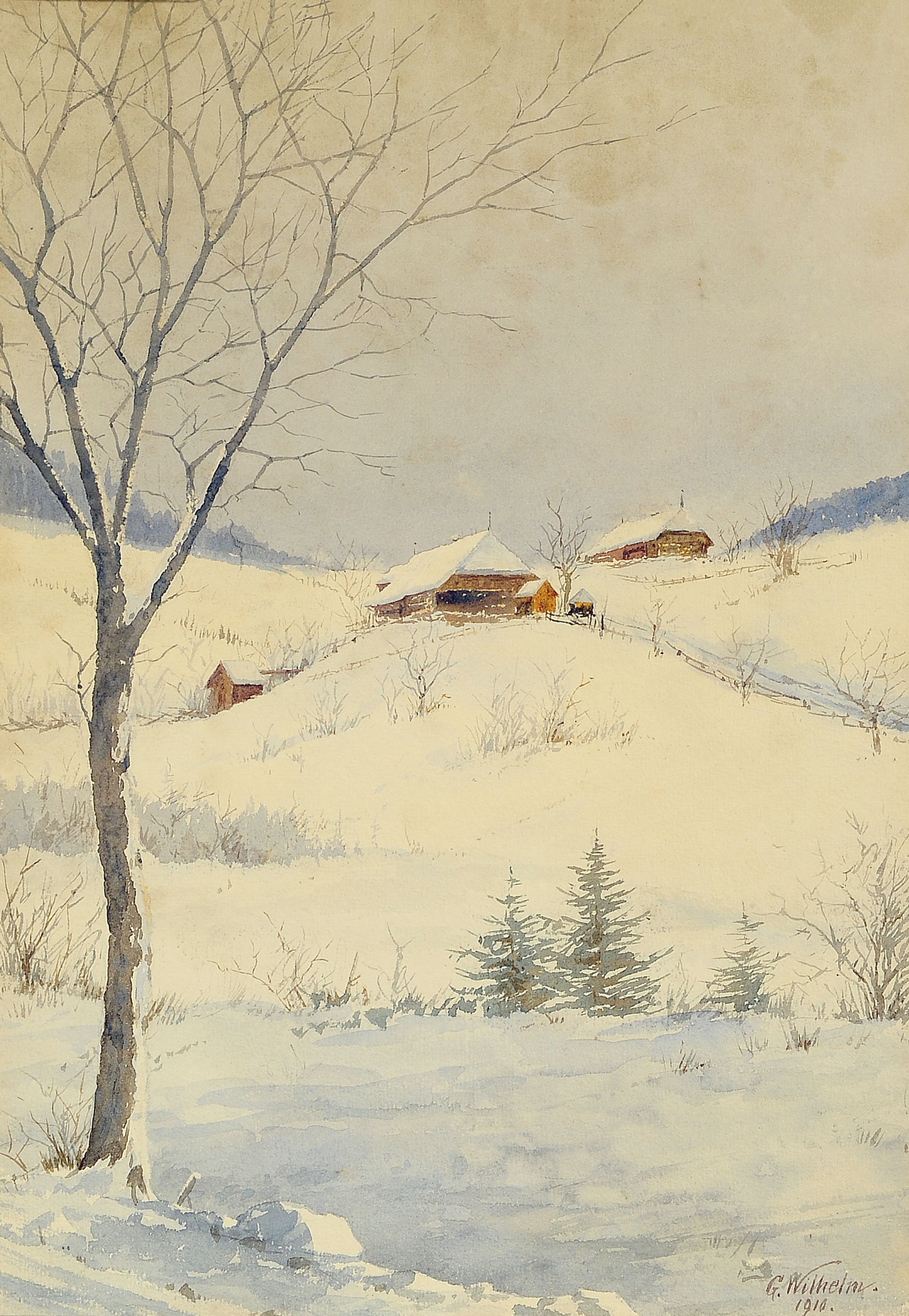 Grete Wilhelm, Winter in der Steiermark, Aquarell auf Papier, signiert und dat. 1910, PP. ca. 38 x 26.5 cm, unter Glas, Rahmen ca. 62 x 48 cm