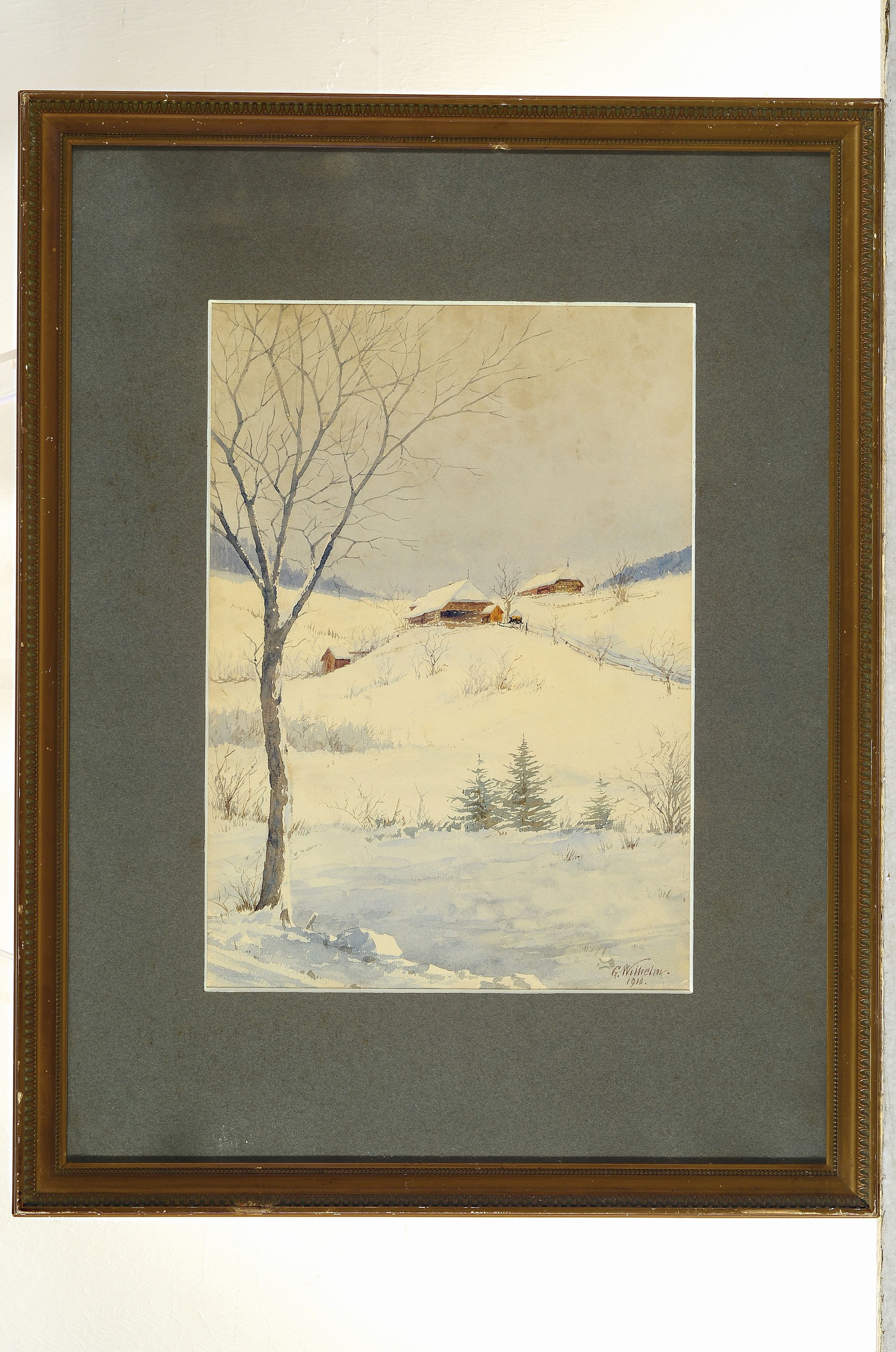 Detail k: Grete Wilhelm, Winter in der Steiermark, Aquarell auf Papier, signiert und dat. 1910, PP. ca. 38 x 26.5 cm, unter Glas, Rahmen ca. 62 x 48 cm
