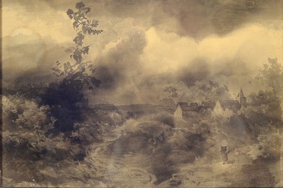 Image 26783600 - August Weber, 1817 - 1873, storm landscape on paper, watercolor, right. Monogrammed at the bottom, approx. 16 x 25 cm, slight age-relateddamage, under glass, frame approx. 22 x 30 cm