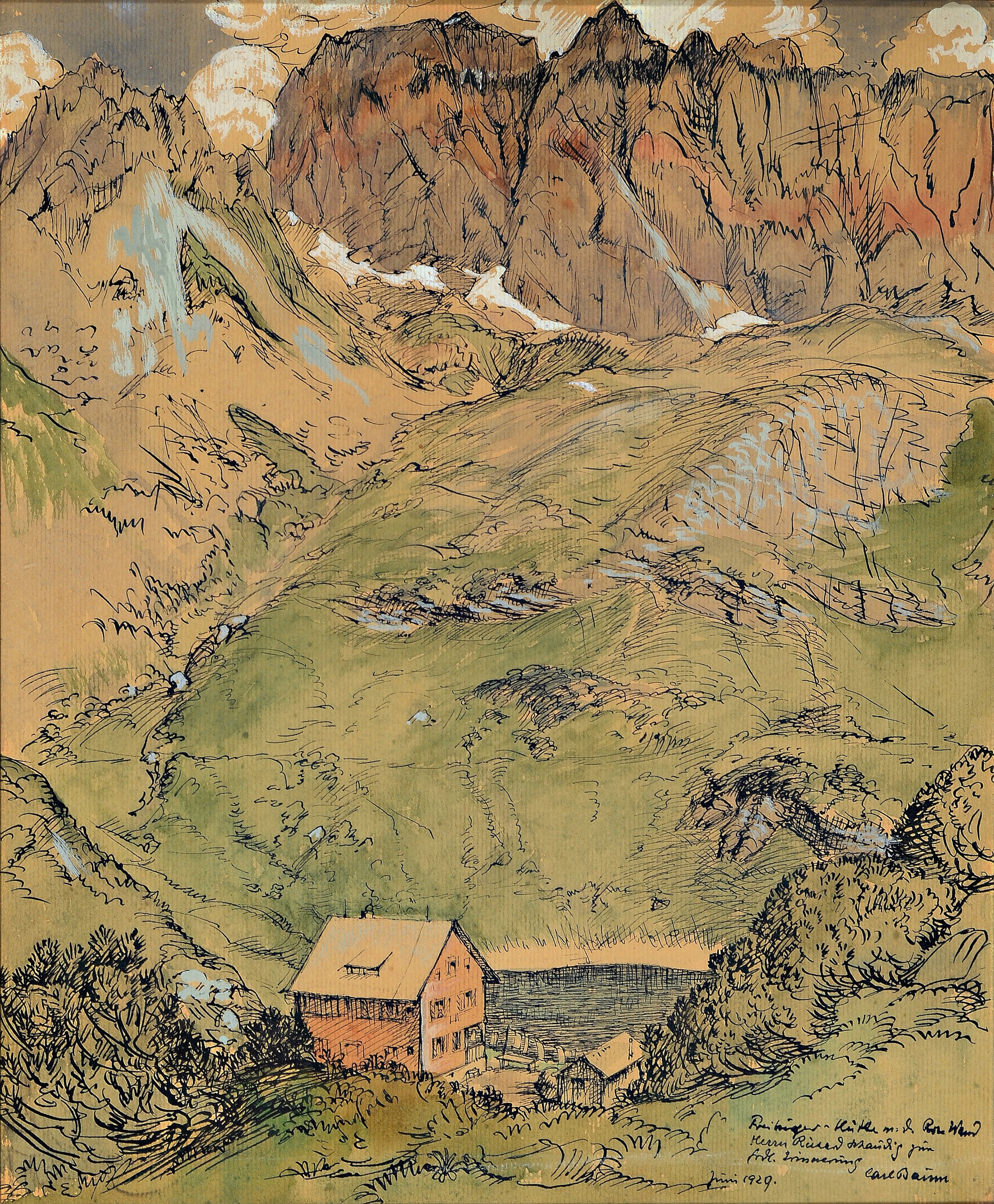 Carl Baum, 1812 - 1878, Blick auf die Freiburger Hütte, Tusche/Aquarell auf Papier , signiert, dat. Juni 1929 und bezeichnet, ca. 40 x 32 cm, Baum ...