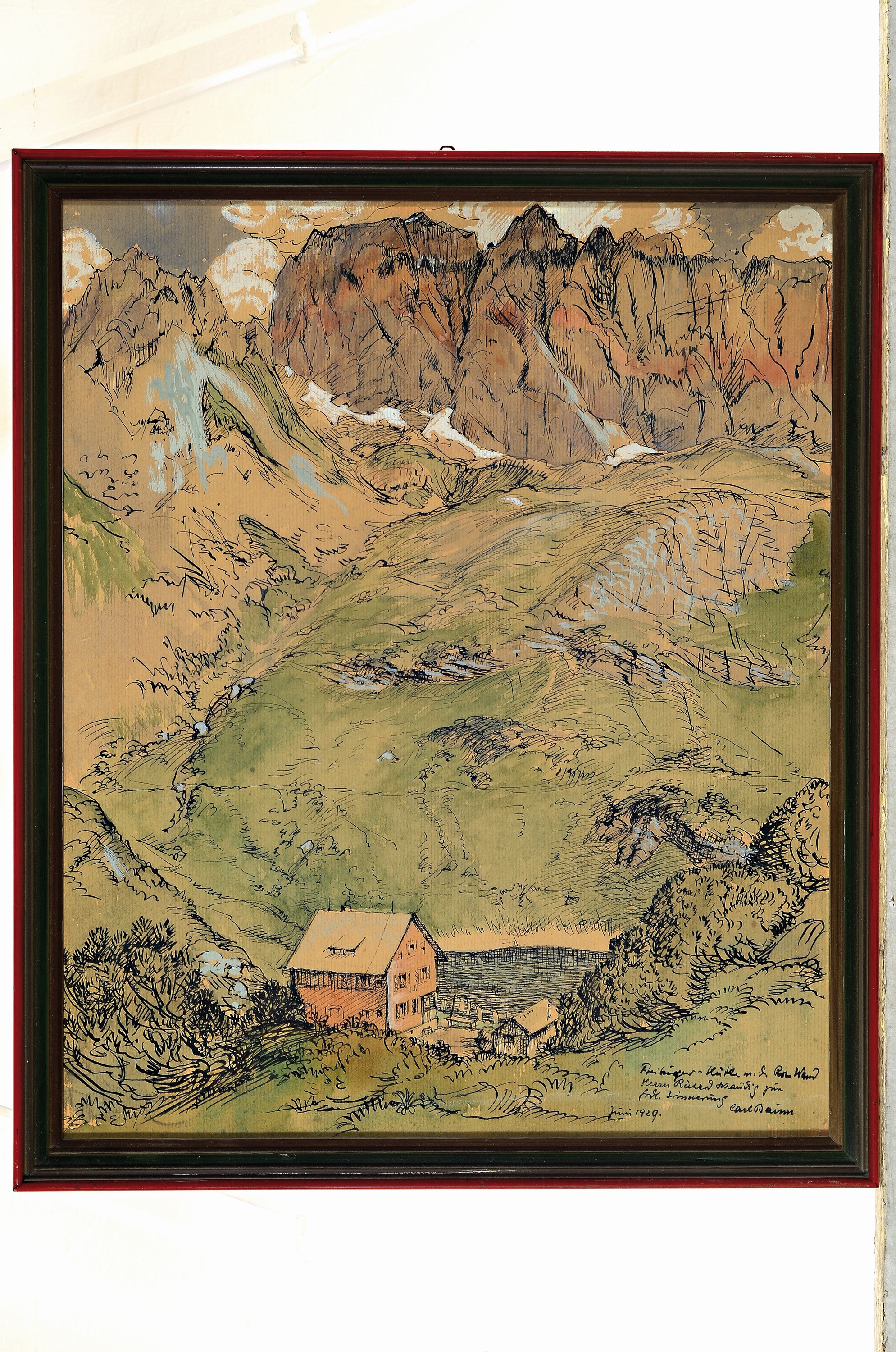 Detail k: Carl Baum, 1812 - 1878, Blick auf die Freiburger Hütte, Tusche/Aquarell auf Papier , signiert, dat. Juni 1929 und bezeichnet, ca. 40 x 32 cm, Baum ...