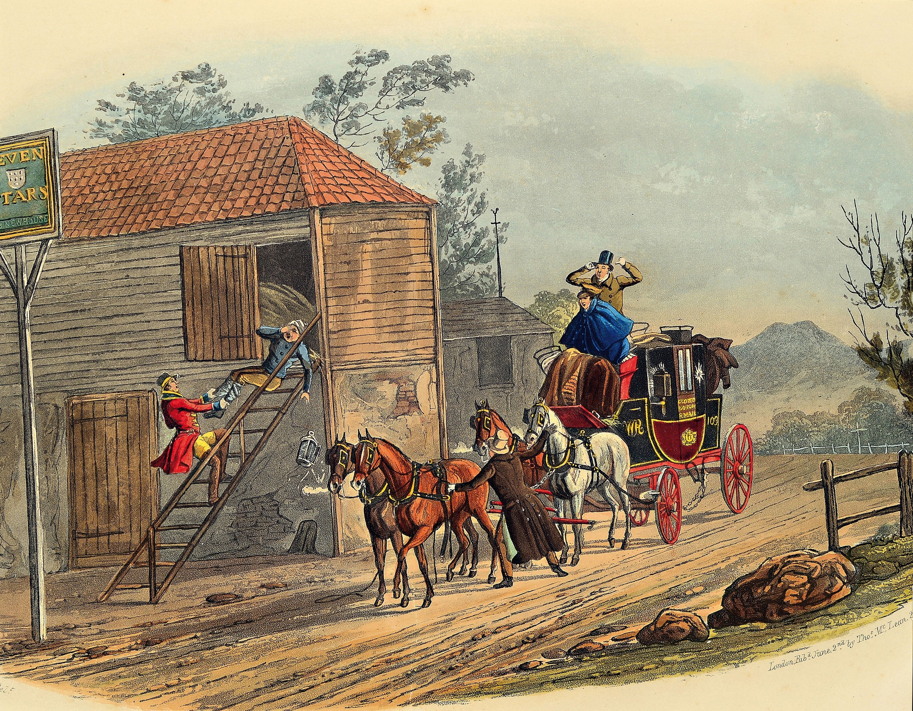 C.B. Neuhouse, 19.- Jh., Sechs englische Lithographien, Kutschen Darstellungen, London, altkoloriert, ca. 27 x 37 cm Blattmaß, gebräunt und leicht ...