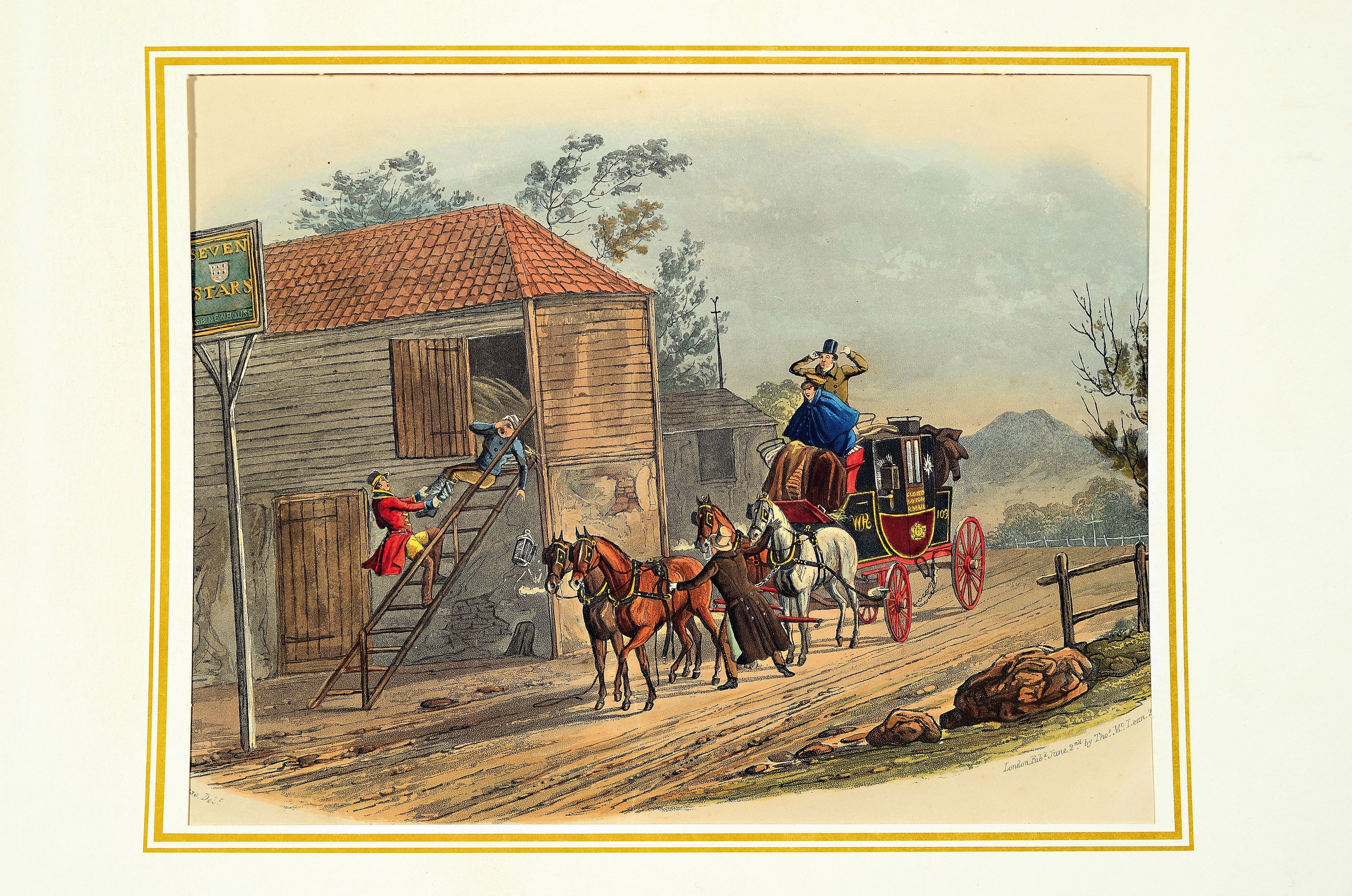 Detail k: C.B. Neuhouse, 19.- Jh., Sechs englische Lithographien, Kutschen Darstellungen, London, altkoloriert, ca. 27 x 37 cm Blattmaß, gebräunt und leicht ...