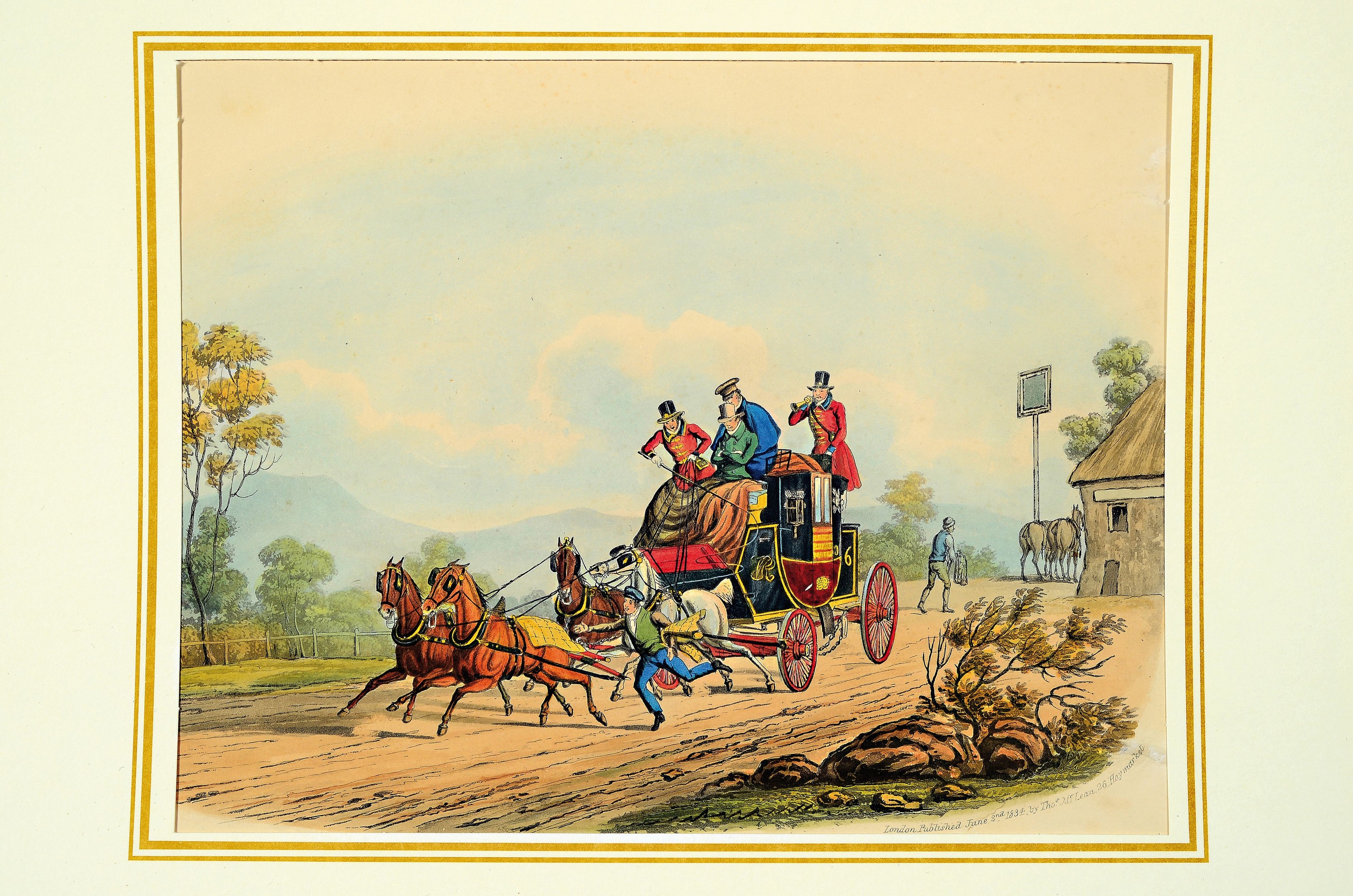 Detail p: C.B. Neuhouse, 19.- Jh., Sechs englische Lithographien, Kutschen Darstellungen, London, altkoloriert, ca. 27 x 37 cm Blattmaß, gebräunt und leicht ...
