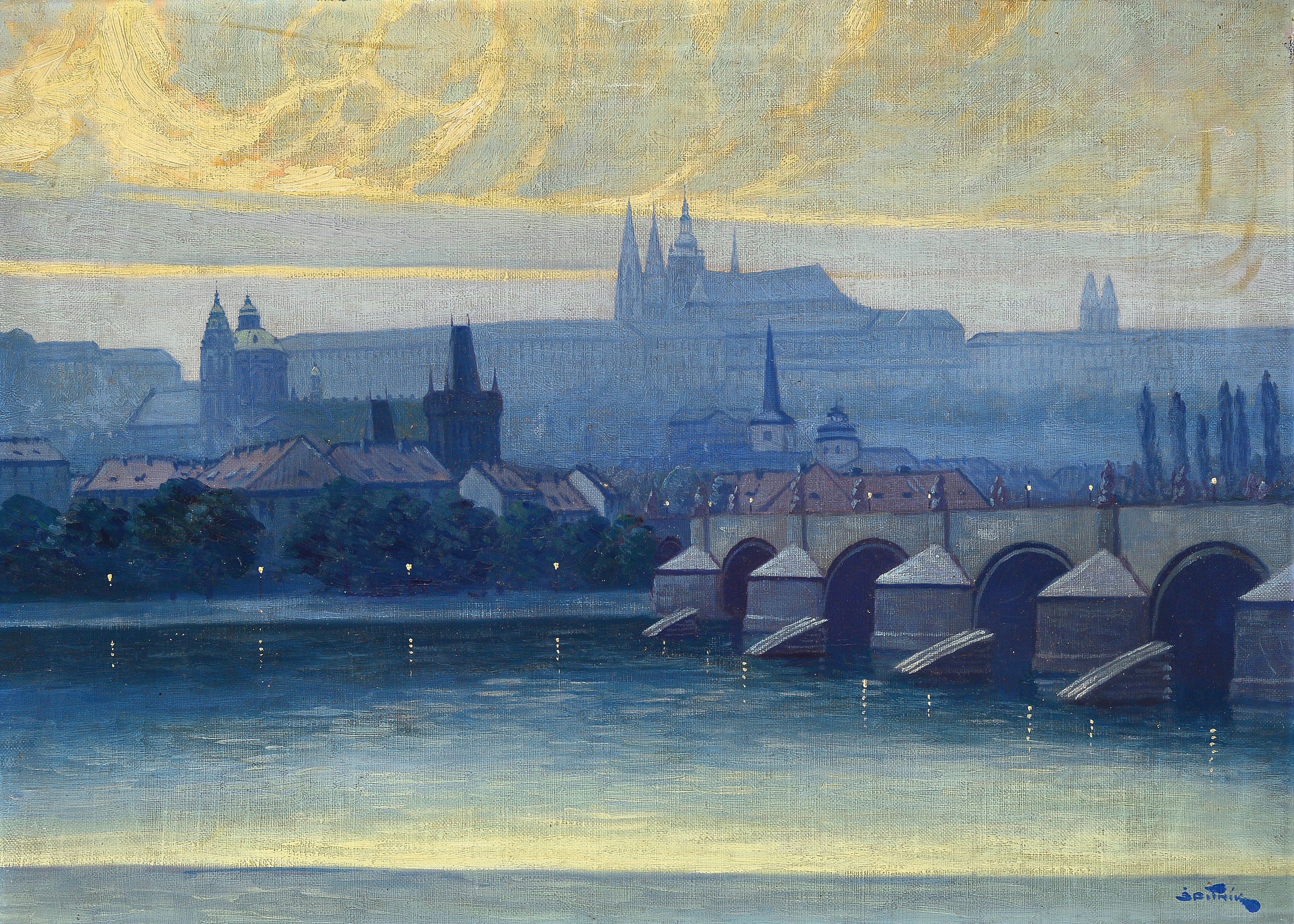 Ladislav Spitnik, 1901 Prag, Morgendämmerung in Prag, Öl/Lwd, re. unten signiert, ca. 50 x 70 cm, Rahmen 55 x 75 cm, wohl 20/30er Jahre