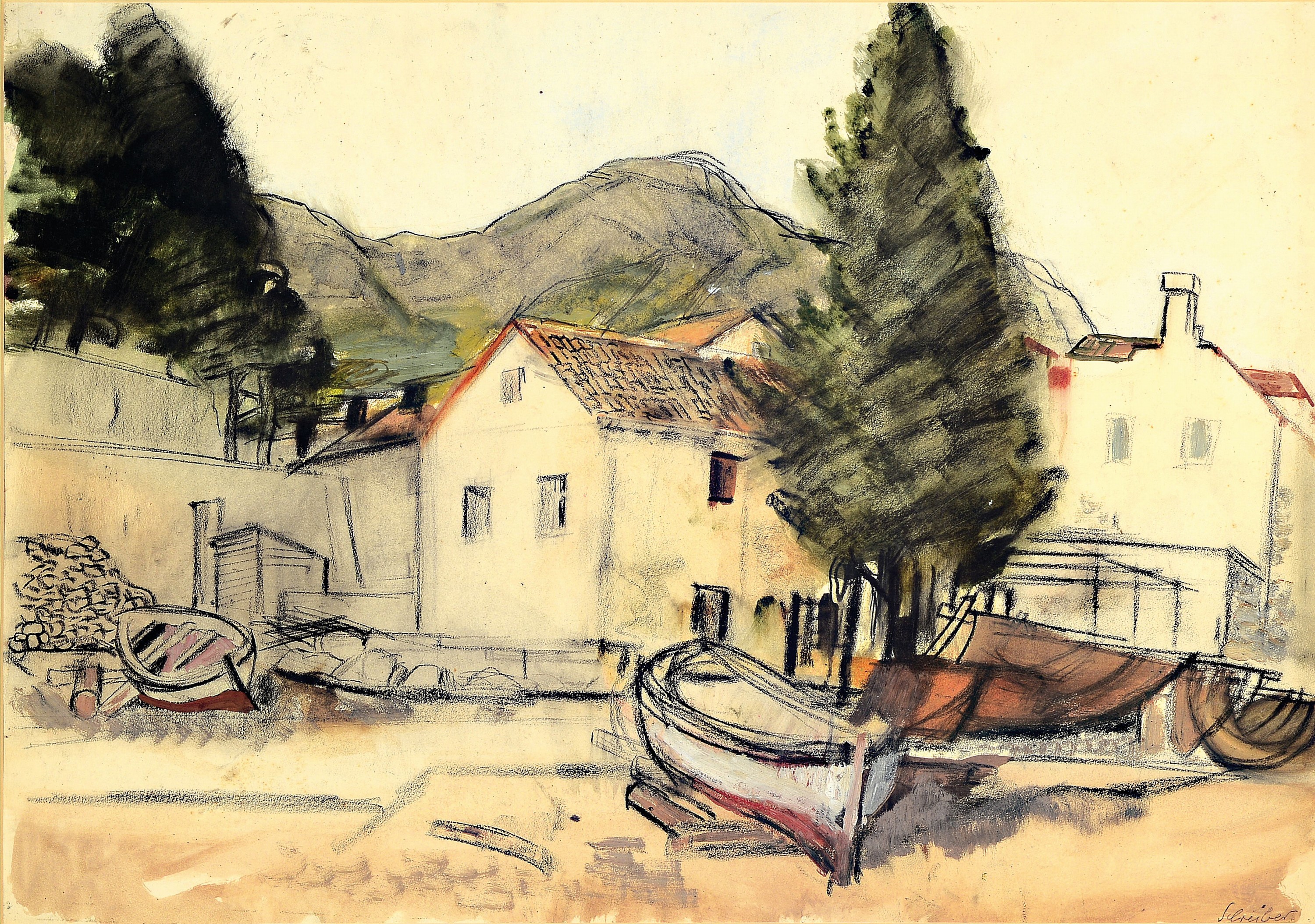 Detail k: Richard Schreiber, 1904-1963, Mischtechnik, Kohle, Gouache und Aquarell, französisches Fischerdorf am Atlantik, wohl 30er Jahre, 54 x 76 cm, unter ...