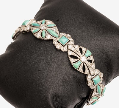 Image 26783960 - Platinum Art-Deco-bracelet with diamonds and turquoises