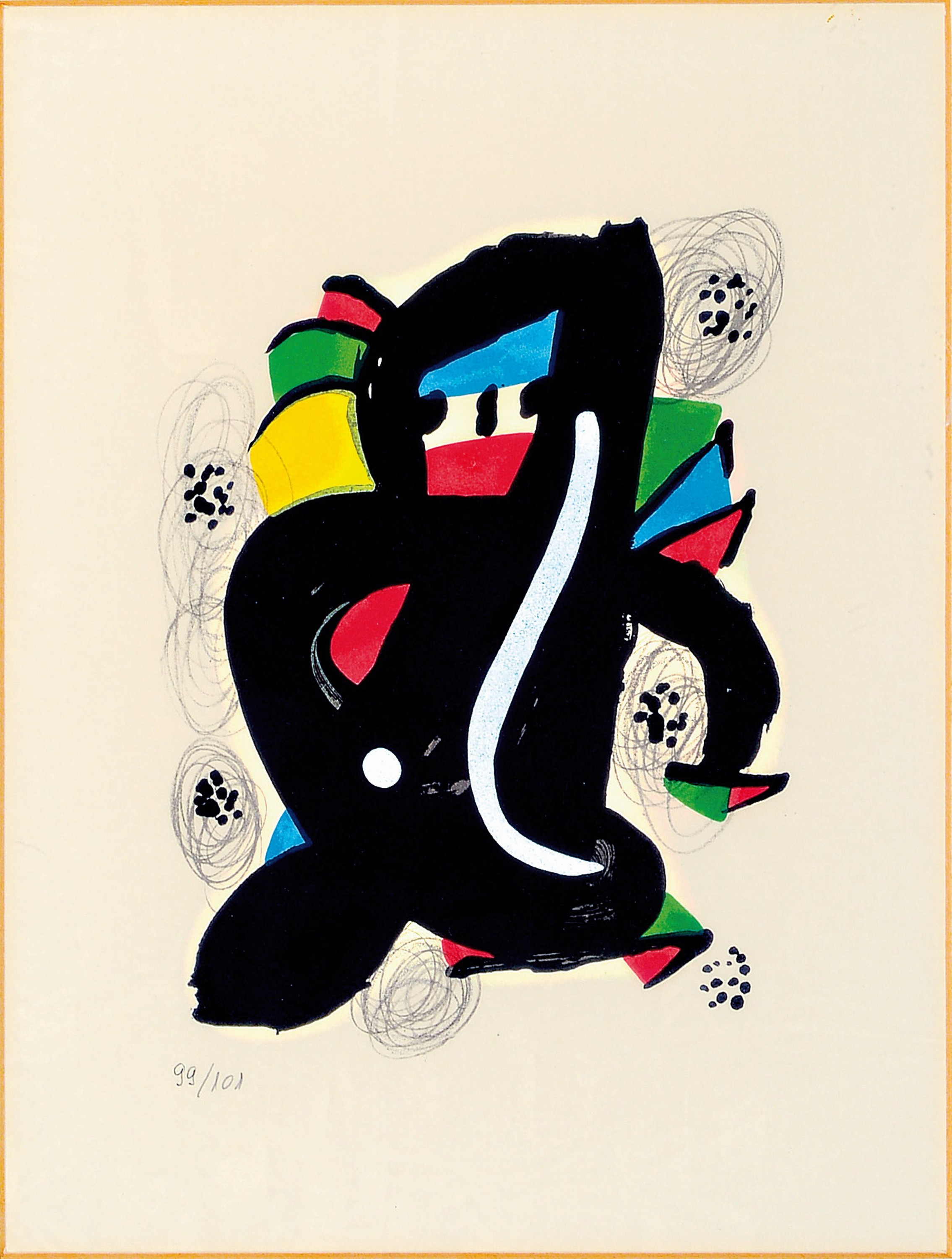 Joan Miro, 1893-1983, 2 Farblithographien, num. 91/150 bzw. 99/101, ca. 21x16cm, bzw. 32x24cm, beide im PP, u.Gl., R. je ca. 55x48cm