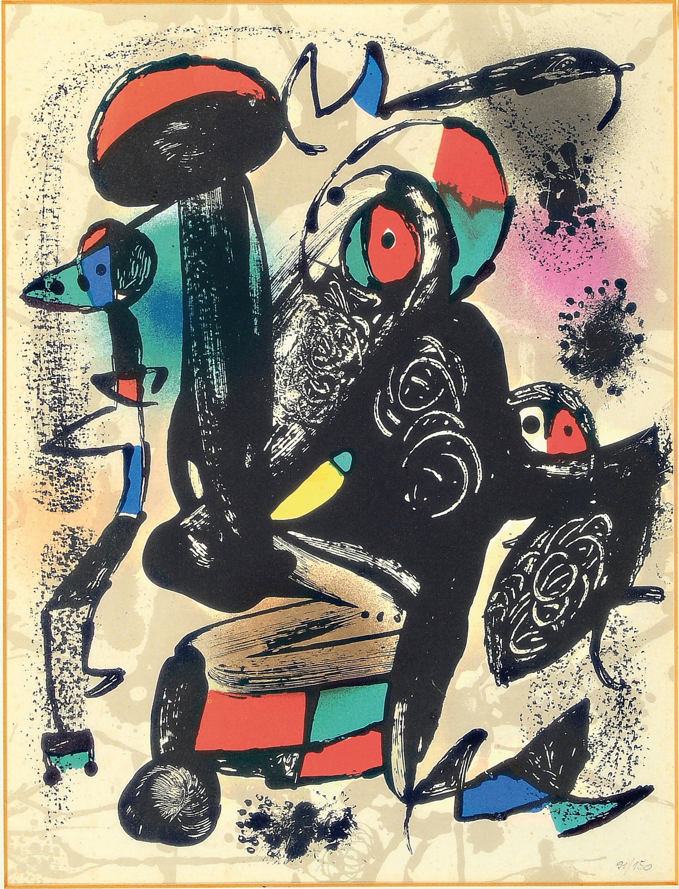 Detail a: Joan Miro, 1893-1983, 2 Farblithographien, num. 91/150 bzw. 99/101, ca. 21x16cm, bzw. 32x24cm, beide im PP, u.Gl., R. je ca. 55x48cm