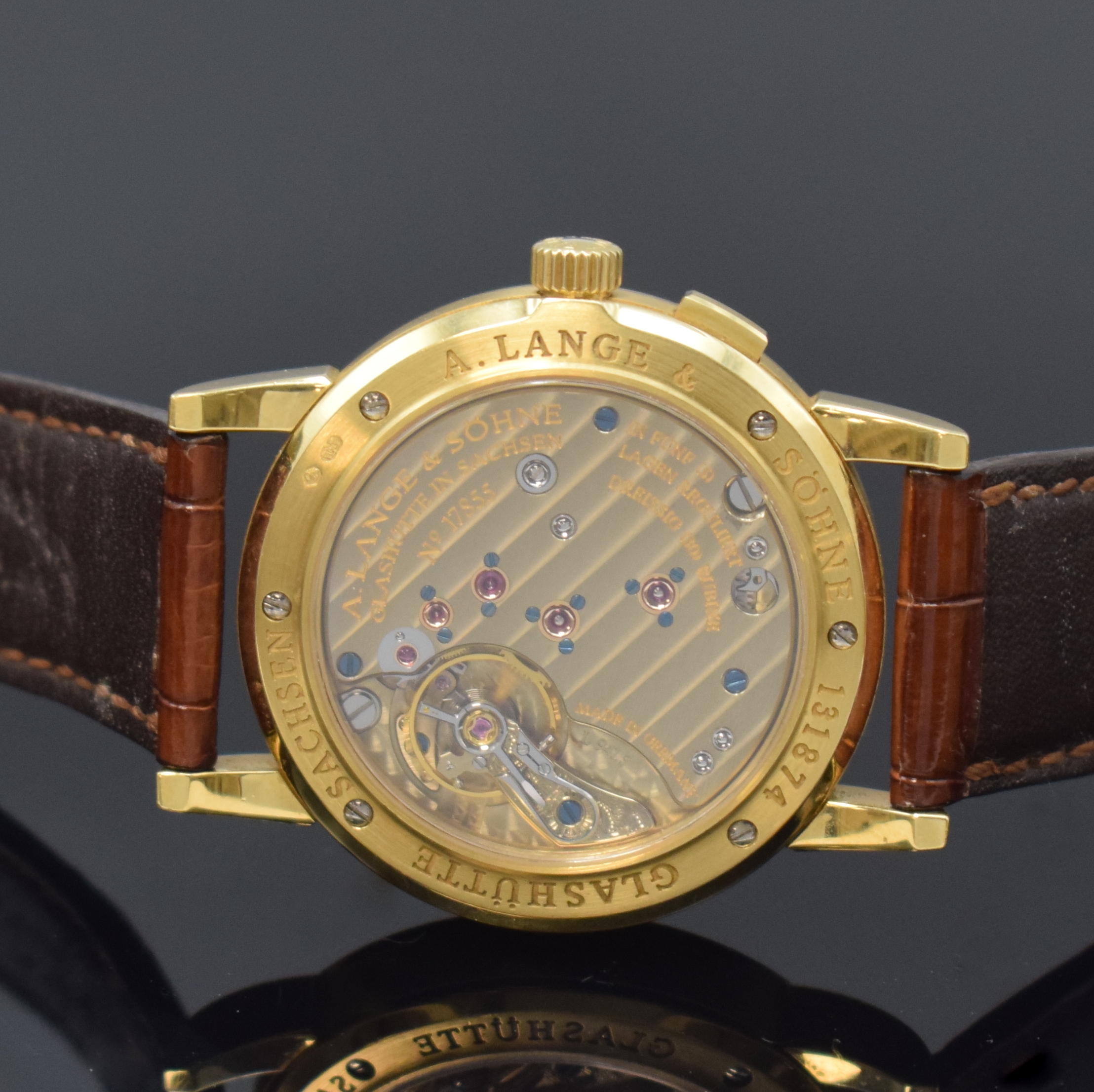 Detail f: A. LANGE & SÖHNE Armbanduhr Saxonia in GG 750/000 Referenz 105.021, Handaufzug, Deutschland um 2000, beids. vergl. Geh. inkl. orig. Lederband m. ...