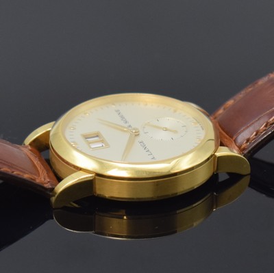 26784406e - A. LANGE & SÖHNE 18k yellow gold wristwatch Saxonia reference 105.021, manual winding, Germany around 2000, on both sides glazed case including original leather strap with original 18k yellow gold buckle, case back 6- times screwed, correction for date at 2, silvered dial, big date at 12, constant second at 6, blued steel hands, nickel silver movement calibre 941.3 with fausses cotes decoration, 30 jewels, 4 screwed down gold chatons, 5 adjustments, precision adjustment, diameter approx. 34 mm, condition 2