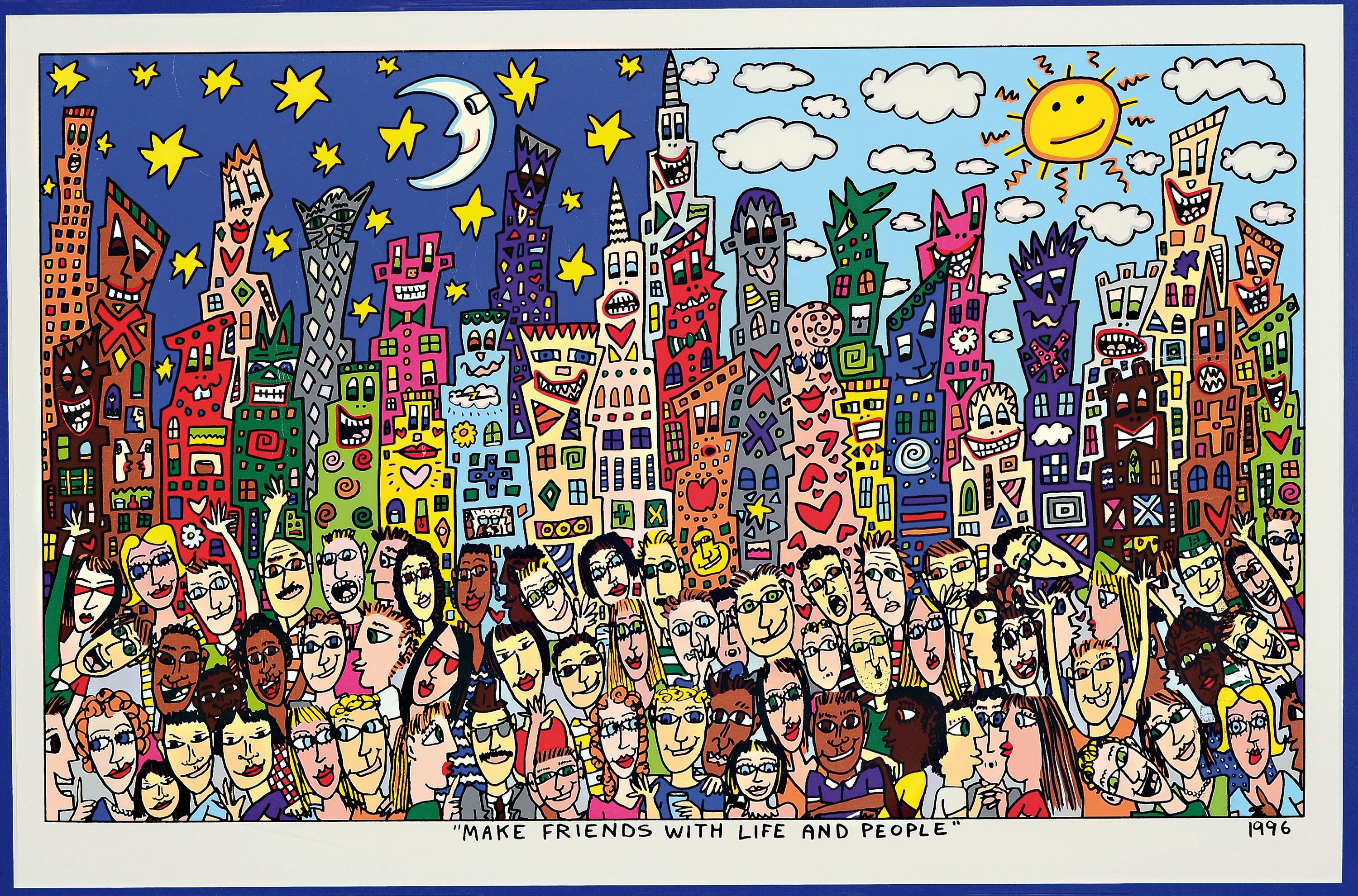 James Rizzi, 1950-2011 New York, Make friends with Life and people, Farbsiebdruck von 1996, rechts oben Knickspur, ca. 40x66cm, PP, R. ca. 60x80cm