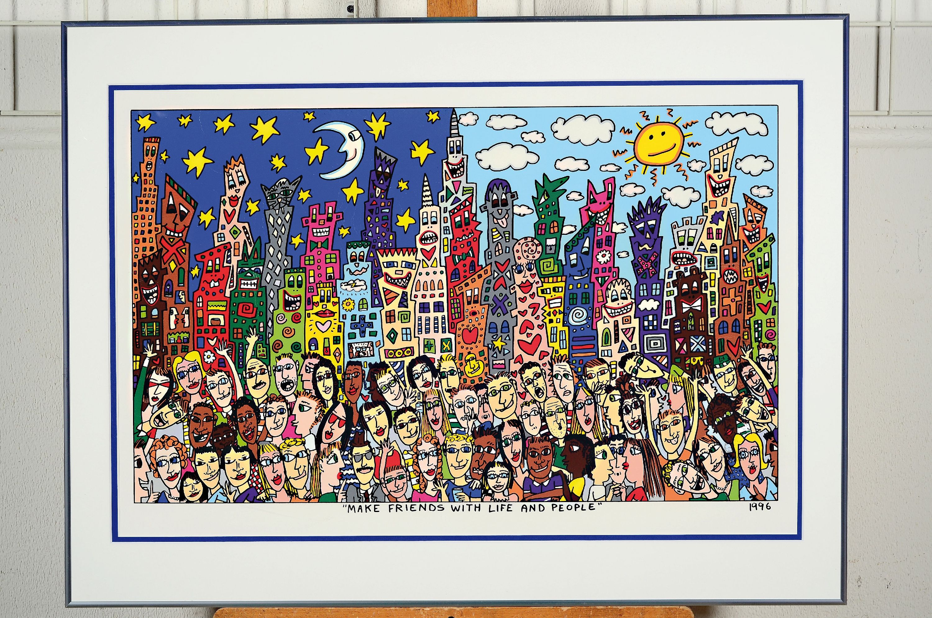 Detail k: James Rizzi, 1950-2011 New York, Make friends with Life and people, Farbsiebdruck von 1996, rechts oben Knickspur, ca. 40x66cm, PP, R. ca. 60x80cm