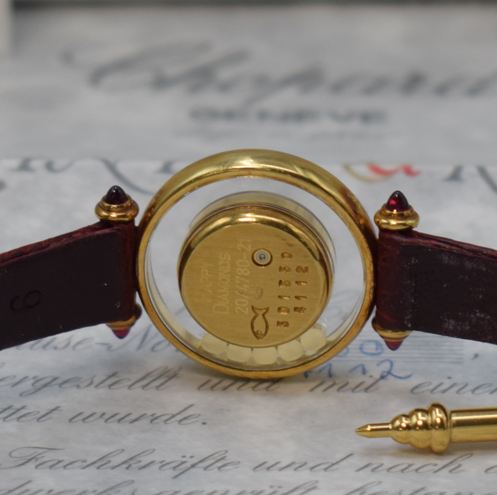 Detail e: CHOPARD HAPPY Diamonds Damenarmbanduhr in GG 750/000 Referenz 4112, Schweiz verk. lt. beil. Pap. 11/1991, quarz, gedr. Geh., orig. Lederband m. verg. ...