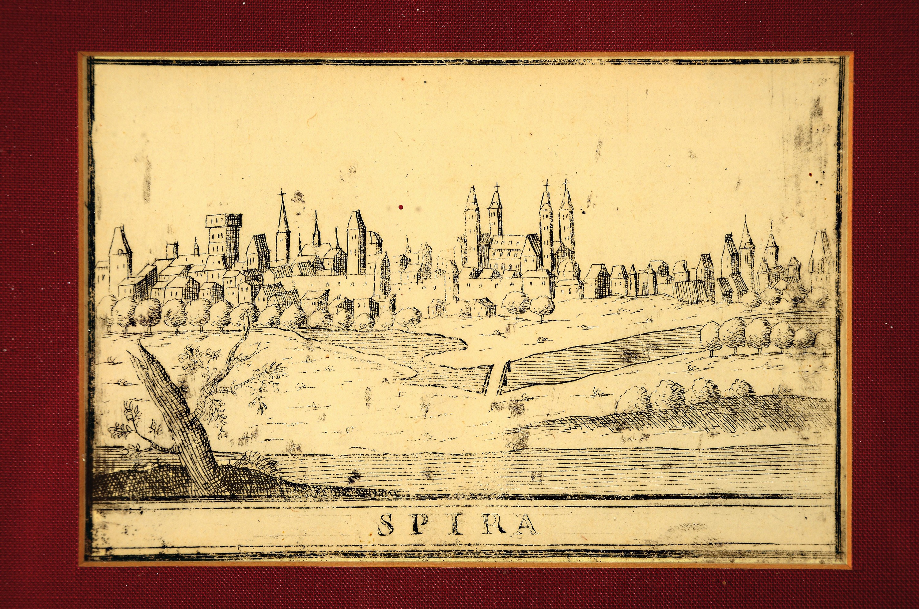Detail d: 6 kleine Holzstiche, deutsch, 17. und 18. Jh., alle mit Ansichten der Stadt Speyer, von 6x11cm bis ca. 11x15cm, alle gerahmt