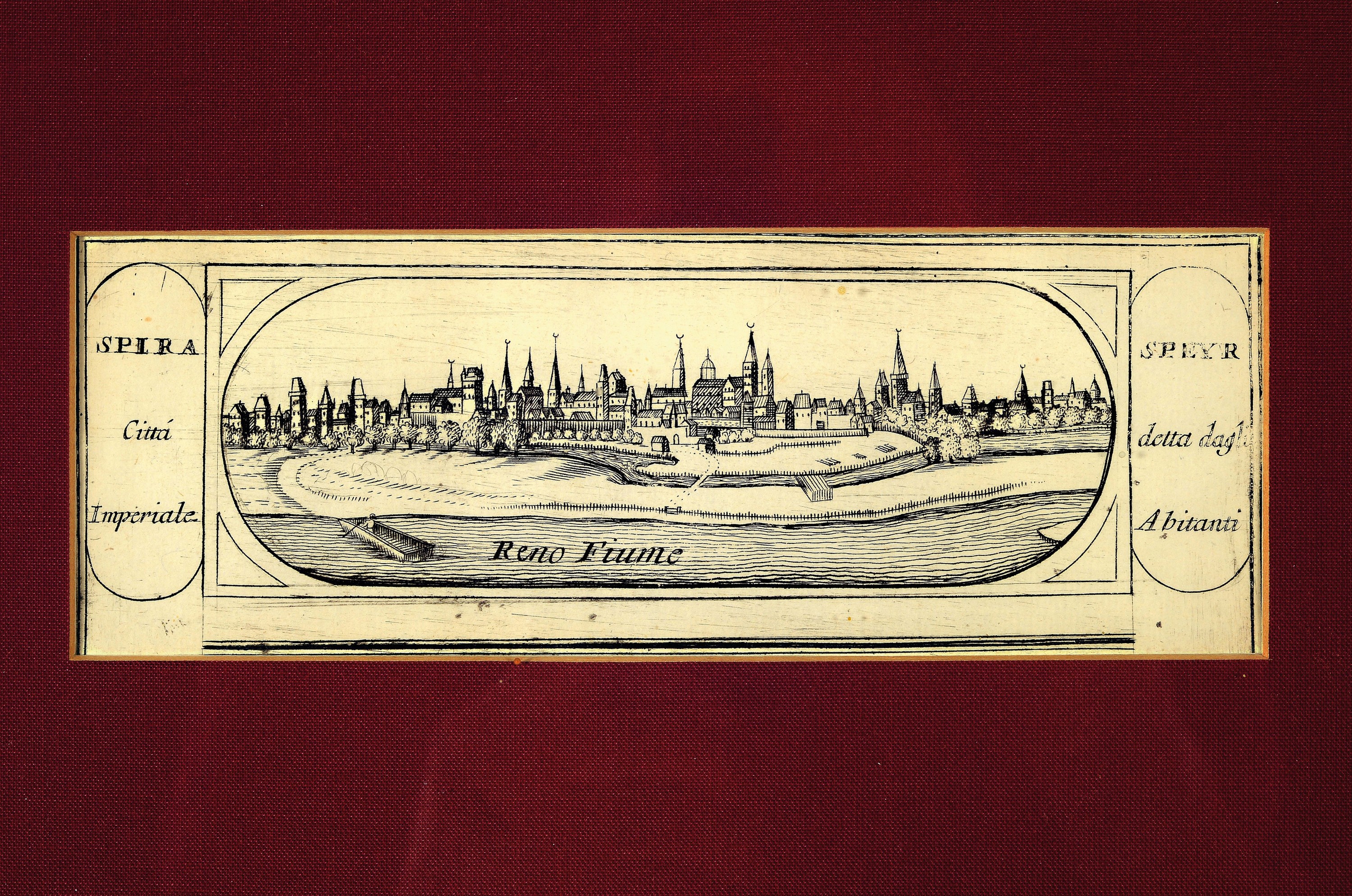 Detail e: 6 kleine Holzstiche, deutsch, 17. und 18. Jh., alle mit Ansichten der Stadt Speyer, von 6x11cm bis ca. 11x15cm, alle gerahmt