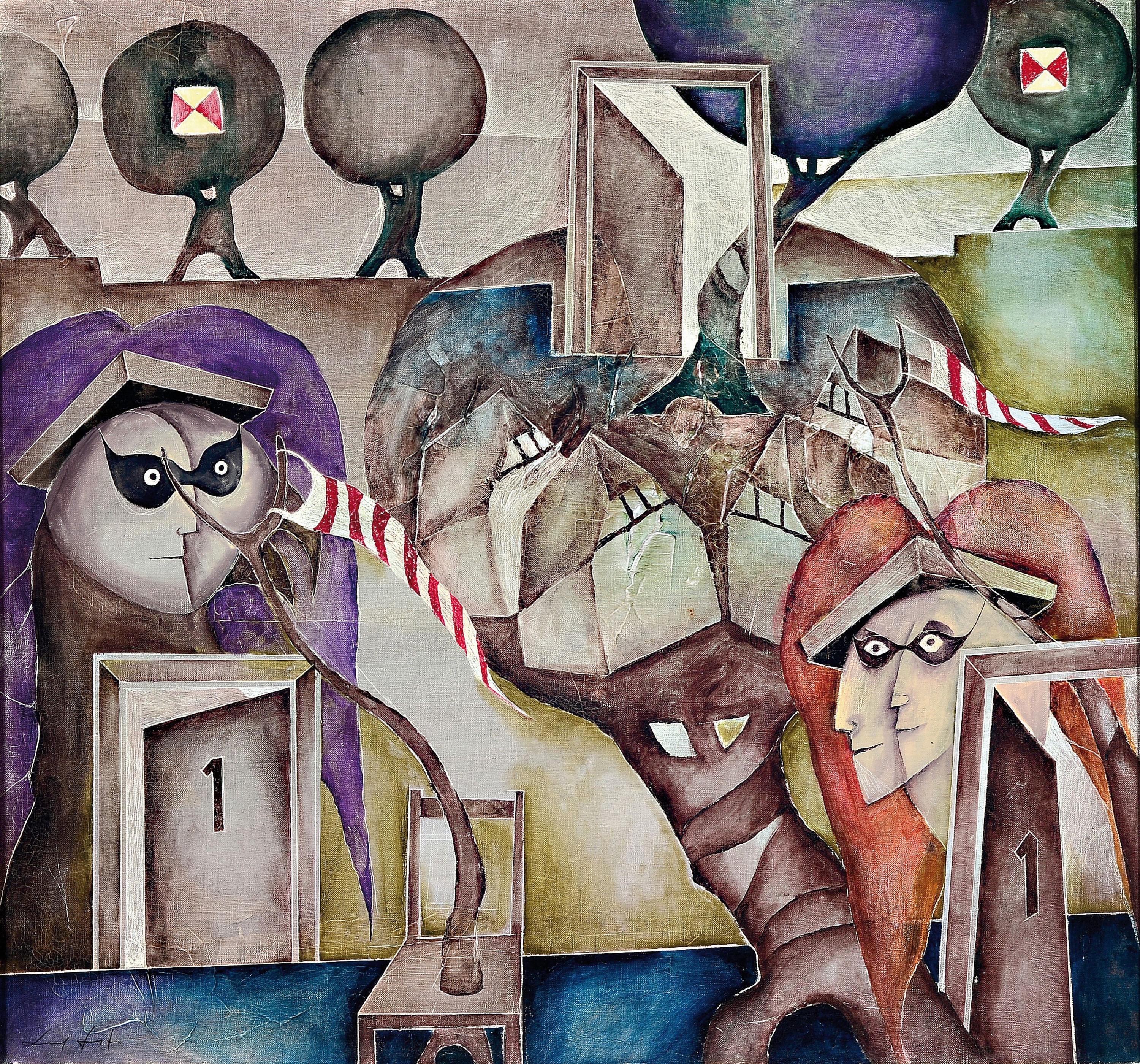 Gerd Ditz, 1941-2004 Landau, kleines Dorf, surrealistische Komposition, Öl/Lwd, links unten signiert, ca. 60x65cm, R. ca. 70x75cm rückseitig ...
