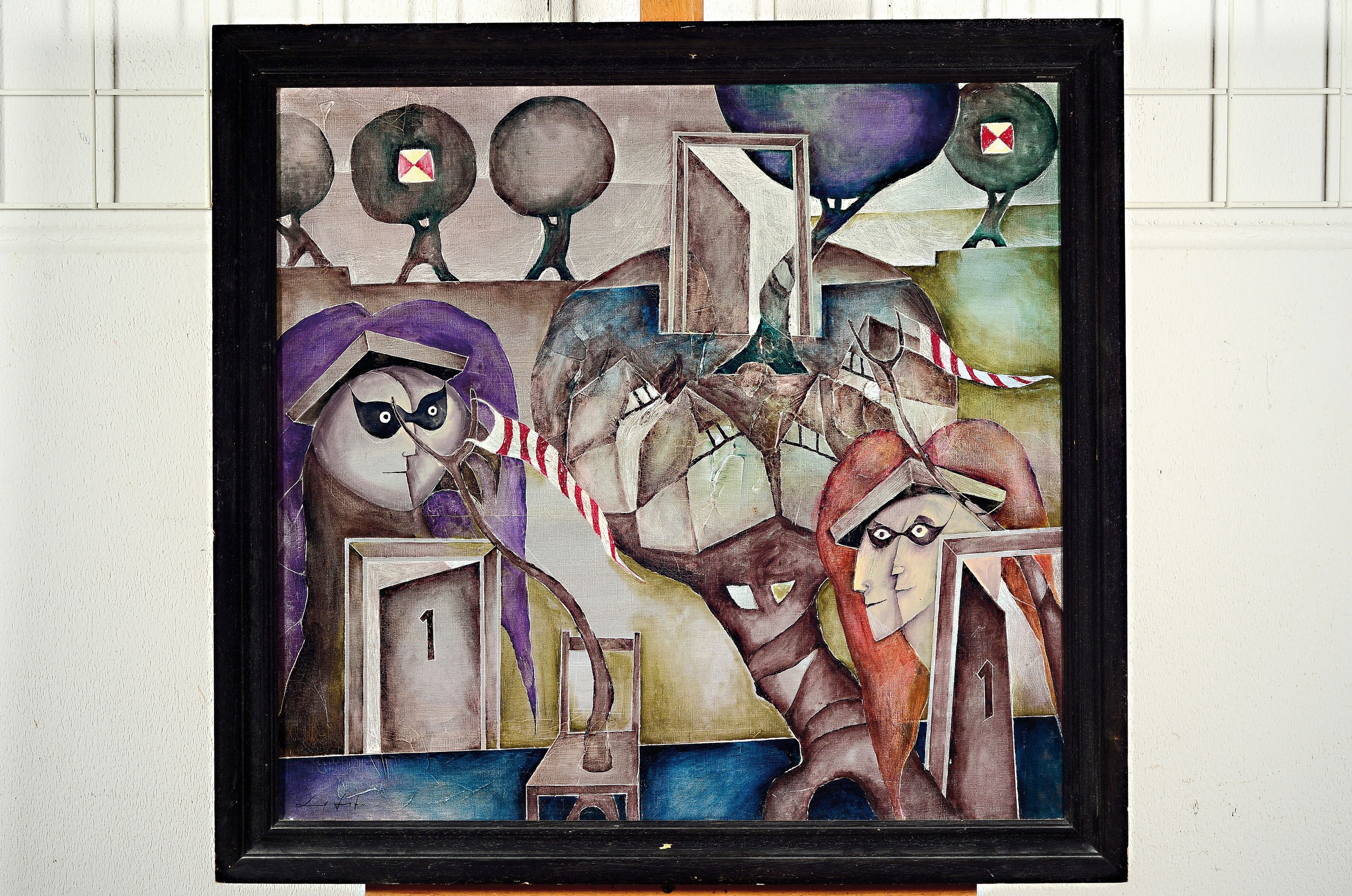 Detail k: Gerd Ditz, 1941-2004 Landau, kleines Dorf, surrealistische Komposition, Öl/Lwd, links unten signiert, ca. 60x65cm, R. ca. 70x75cm rückseitig ...