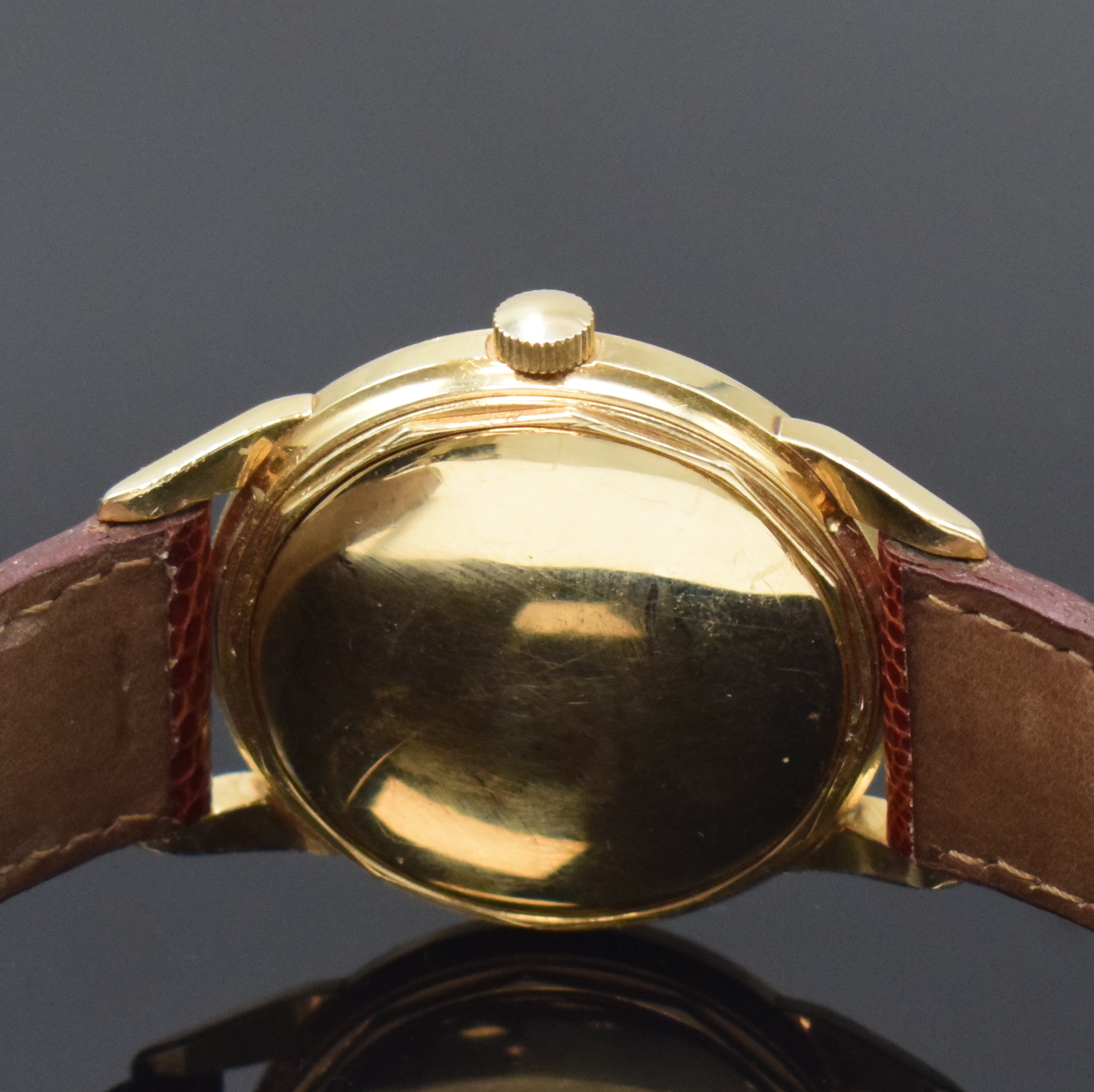Detail c: CYMA Herrenarmbanduhr in GG 585/000, Schweiz / USA um 1950, Hammerautomatik, verschr. USA-Geh., Boden sign., silb. orig. Zifferbl. pat., gold. ...