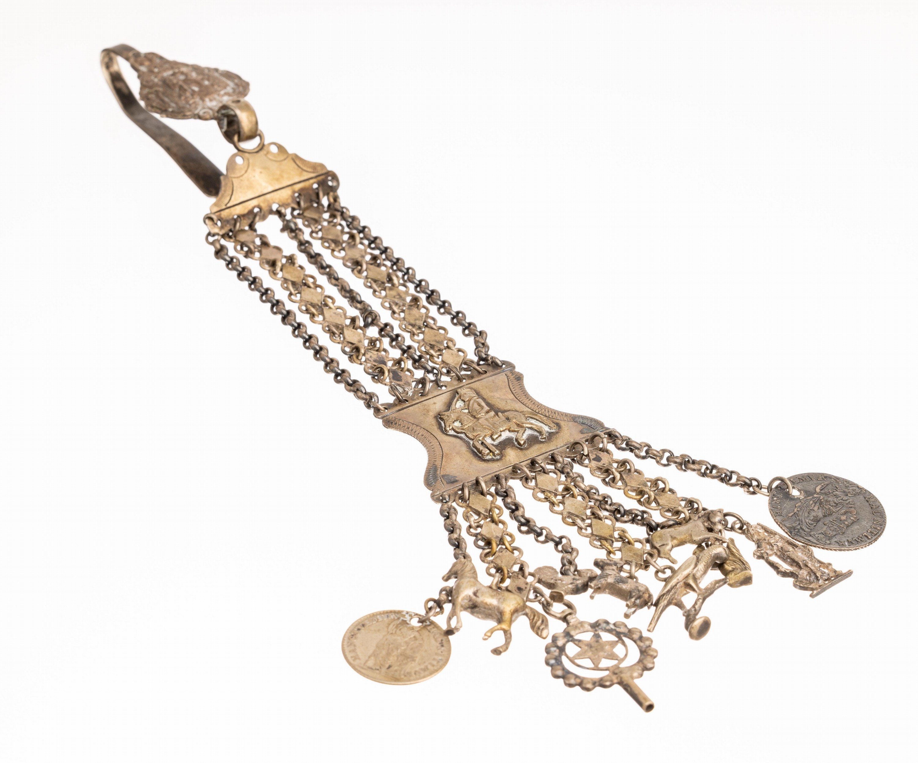 Charivari, Niederlande um 1900, 833er Silber, reiche Abhängungen mit Medaillen und versch. Tieren, L ca. 28 cm, prunkvoll