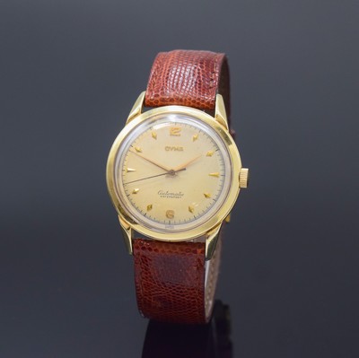 Image 26784997 - CYMA 14k yellow gold gents wristwatch, Switzerland / USA around 1950, hammer- automatic, screwed down USA-case, case back signed, silvered original dial patinated, gilded indices and numerals, gilded dauphine hands, pink gilded movement calibre 420, 17 jewels, Glucydur-screw balance, diameter approx. 34 mm, condition 2-3, property of a collector