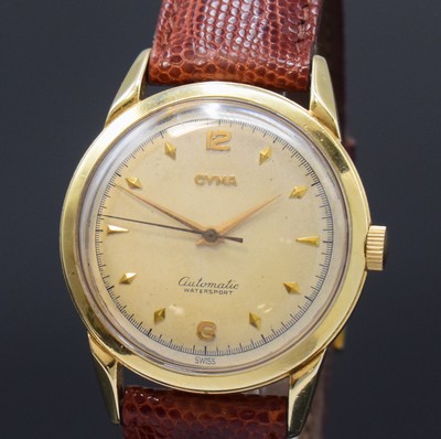 26784997a - CYMA 14k yellow gold gents wristwatch, Switzerland / USA around 1950, hammer- automatic, screwed down USA-case, case back signed, silvered original dial patinated, gilded indices and numerals, gilded dauphine hands, pink gilded movement calibre 420, 17 jewels, Glucydur-screw balance, diameter approx. 34 mm, condition 2-3, property of a collector