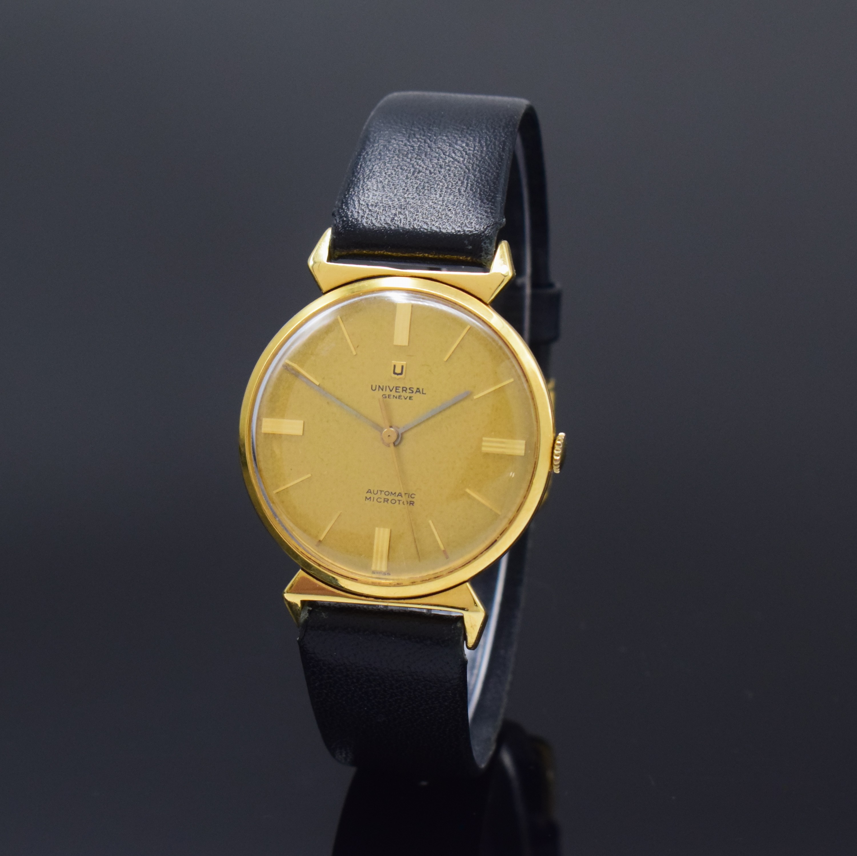UNIVERSAL Geneve Automatik Armbanduhr Kaliber 215 in GG 750/000 Referenz 10368 3, Schweiz um 1965, 3-tlg. Geh., Boden u. Glasrand aufgedr., gold. ...
