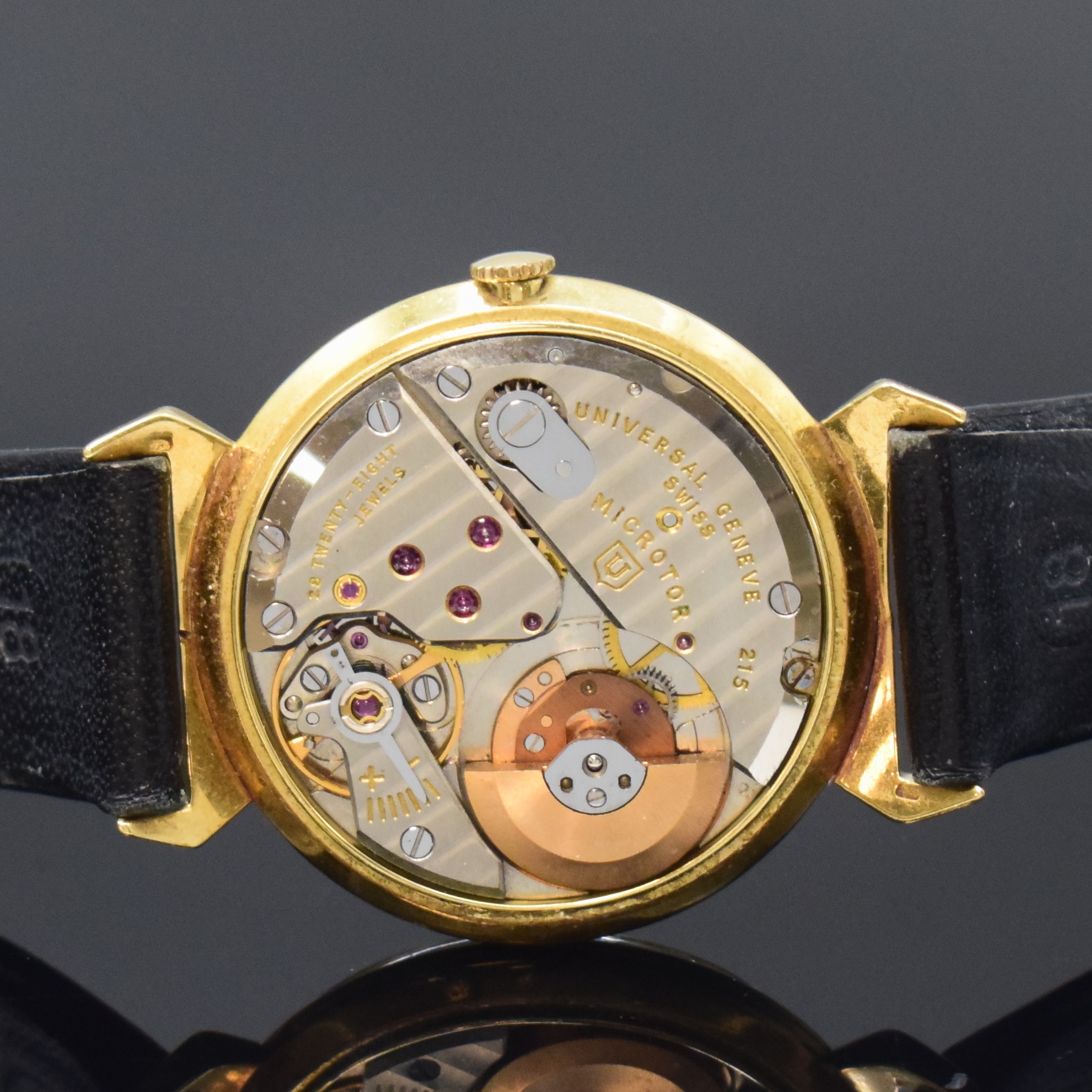 Detail d: UNIVERSAL Geneve Automatik Armbanduhr Kaliber 215 in GG 750/000 Referenz 10368 3, Schweiz um 1965, 3-tlg. Geh., Boden u. Glasrand aufgedr., gold. ...