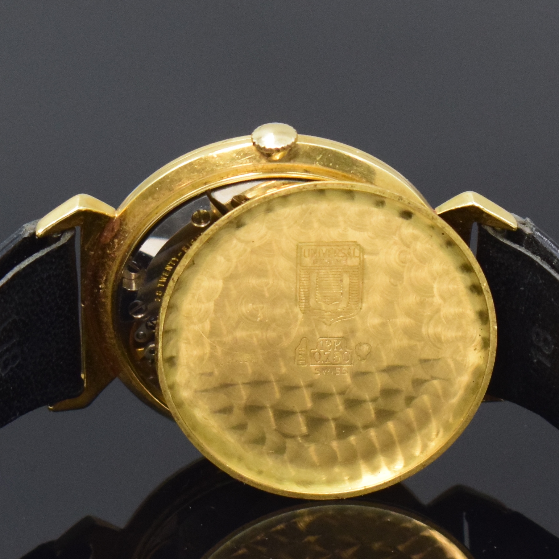 Detail e: UNIVERSAL Geneve Automatik Armbanduhr Kaliber 215 in GG 750/000 Referenz 10368 3, Schweiz um 1965, 3-tlg. Geh., Boden u. Glasrand aufgedr., gold. ...