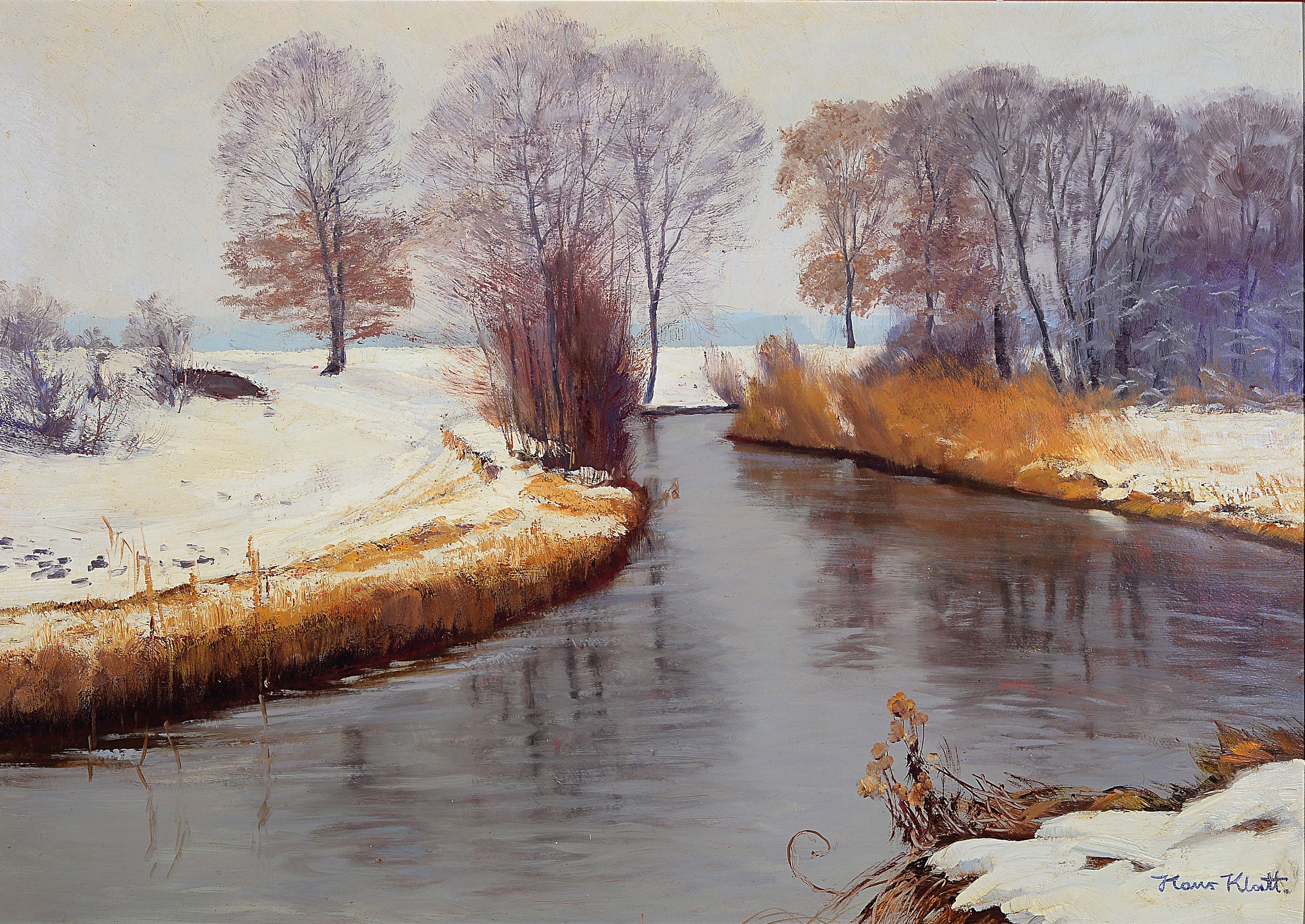Hans Klatt 1876 Hammerstein - 1936 München, "Grauer Tag", verschneite Winterlandschaft, Öl/Karton, ca. 50 x 70 cm, Rahmen ca. 61 x 82 cm