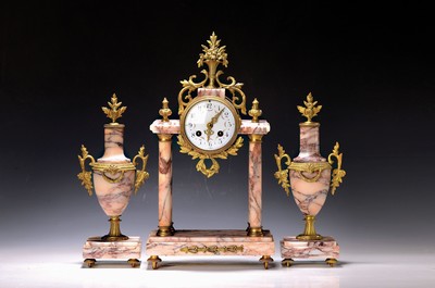 Image Mantel clock with two candelabras, France around 1900/10, veined marble housing , in ...