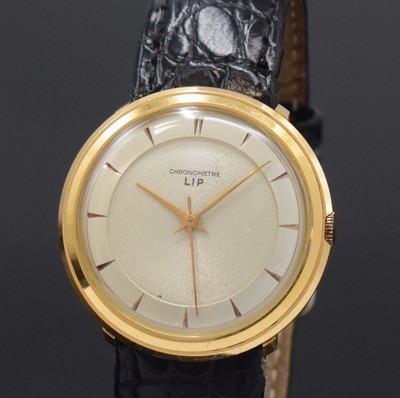 26785096a - LIP Chronometre rare 18k pink gold wristwatch, France around 1955, manual winding, two piece construction case, snap on case back, silvered dial patinated, pink gilded indices and hands, sweep seconds, nickel plated movement calibre 23B, 17 jewels, Glucydur- balance with Breguet-hairspring, diameter approx. 34 mm, overhaul recommended at buyer's expense, condition 2, property of a collector