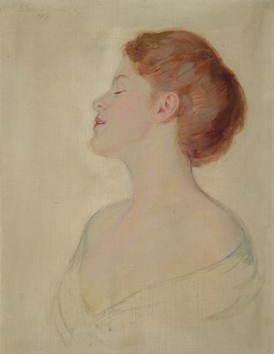Image 26785097 - S. von Salbrück, beginning of the 20th century, portrait of a young lady, oil/canvas,left. o. signed u d and dated 1917, dirty, approx. 51 x 39.5 cm, wooden strip approx. 55x43cm
