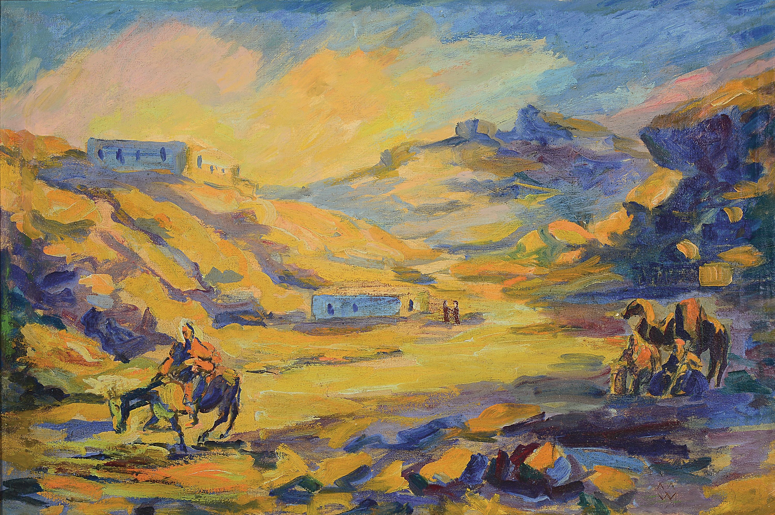 Marcus Waterman, 1834 Providence - 1914, Orientmaler, expressive Orientlandschaft mit Reitern bzw. Personen, rechts und in Rot monogrammiert, ca. 40 ...