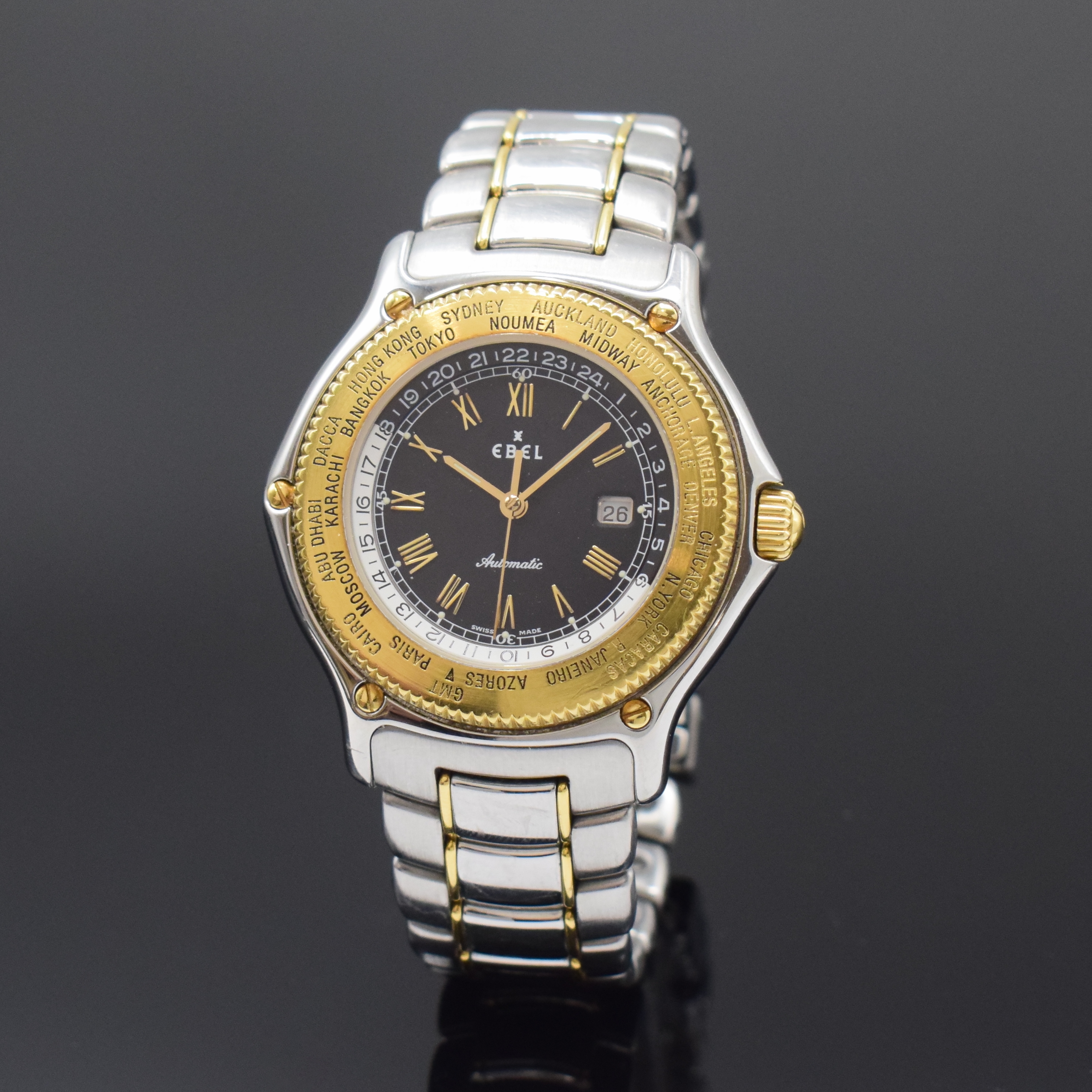 EBEL Voyager Herrenarmbanduhr mit Weltzeit in Stahl/Gold Referenz 1124913, Schweiz um 1990, Automatik, inkl. Gliederband m. Faltschl., Boden 8-fach ...