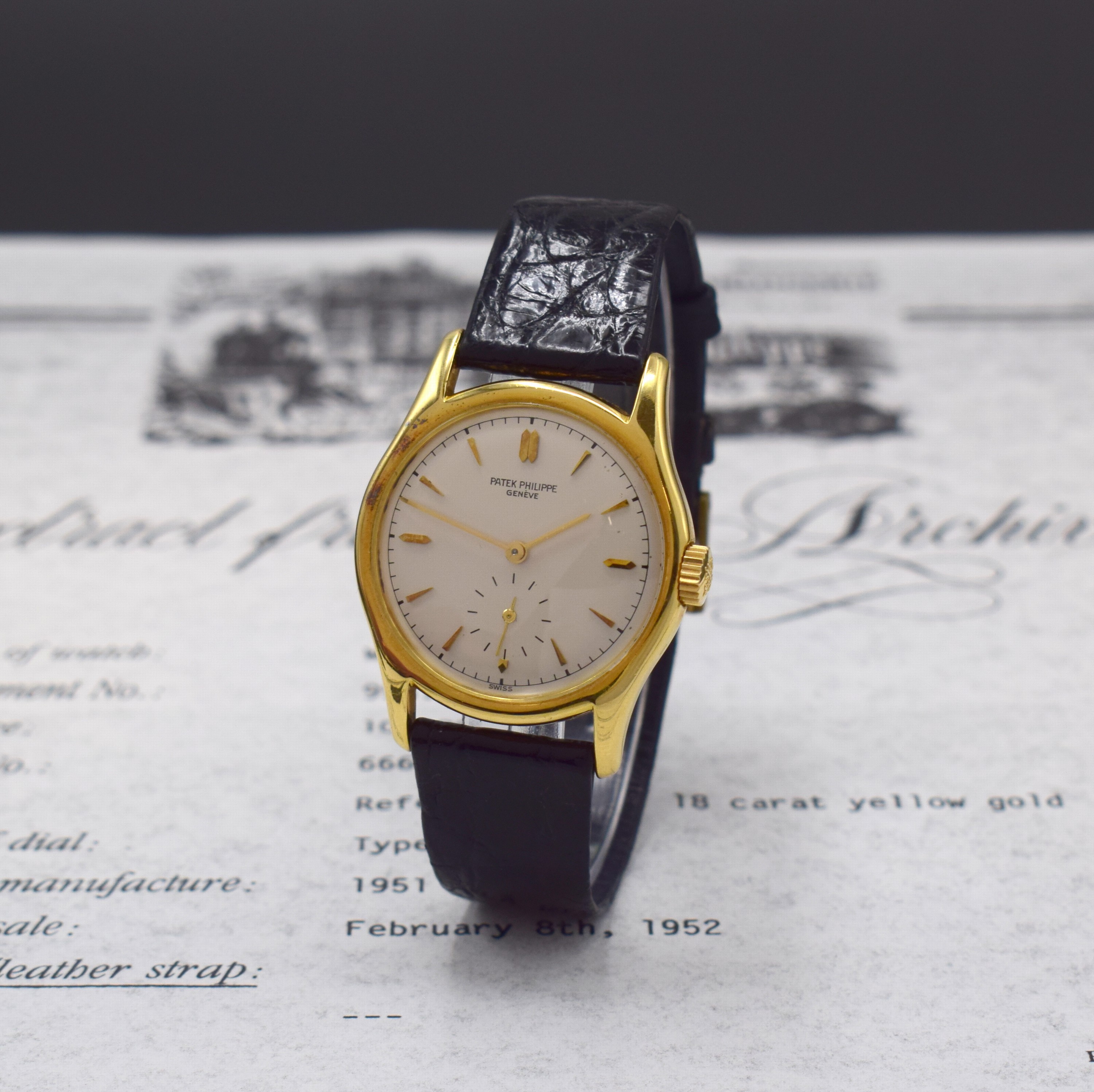 PATEK PHILIPPE Armbanduhr Referenz 2464 in GG 750/000, Schweiz verkauft 1952, Handaufzug, 2-tlg. Geh., Boden aufgedr., orig. Krone, silb. ...