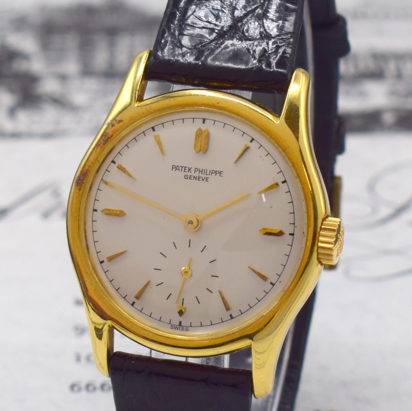 Detail a: PATEK PHILIPPE Armbanduhr Referenz 2464 in GG 750/000, Schweiz verkauft 1952, Handaufzug, 2-tlg. Geh., Boden aufgedr., orig. Krone, silb. ...