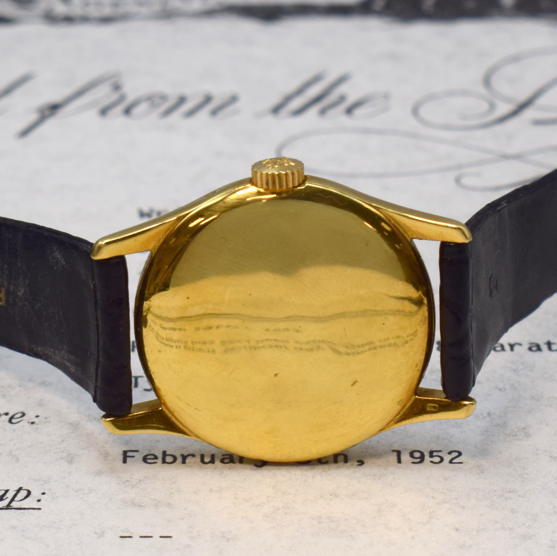 Detail c: PATEK PHILIPPE Armbanduhr Referenz 2464 in GG 750/000, Schweiz verkauft 1952, Handaufzug, 2-tlg. Geh., Boden aufgedr., orig. Krone, silb. ...