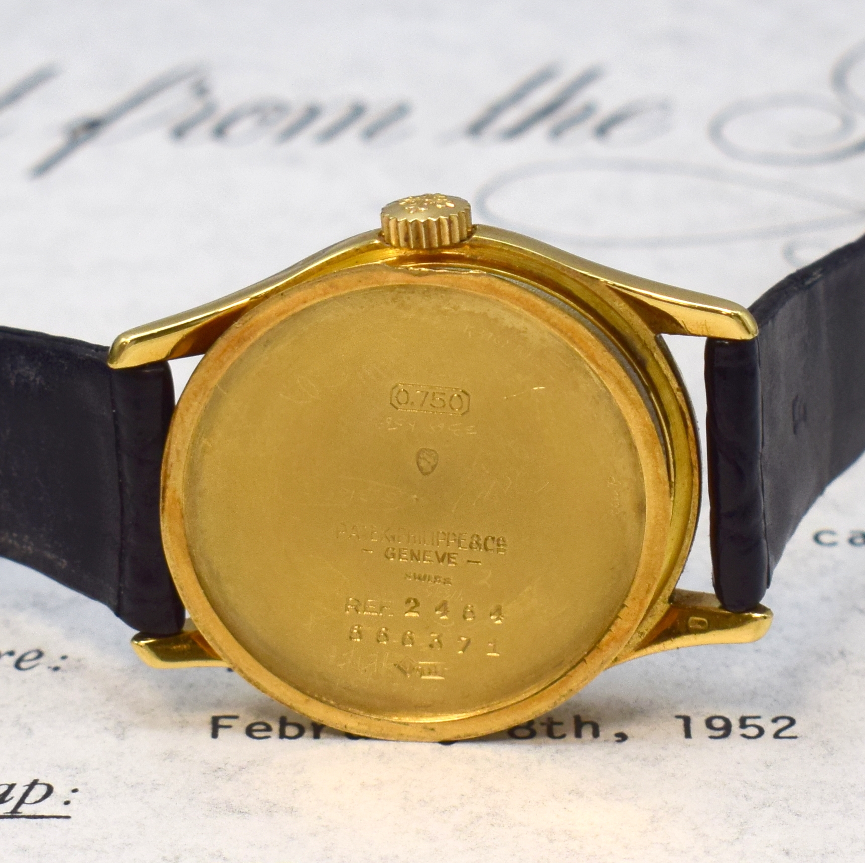 Detail e: PATEK PHILIPPE Armbanduhr Referenz 2464 in GG 750/000, Schweiz verkauft 1952, Handaufzug, 2-tlg. Geh., Boden aufgedr., orig. Krone, silb. ...