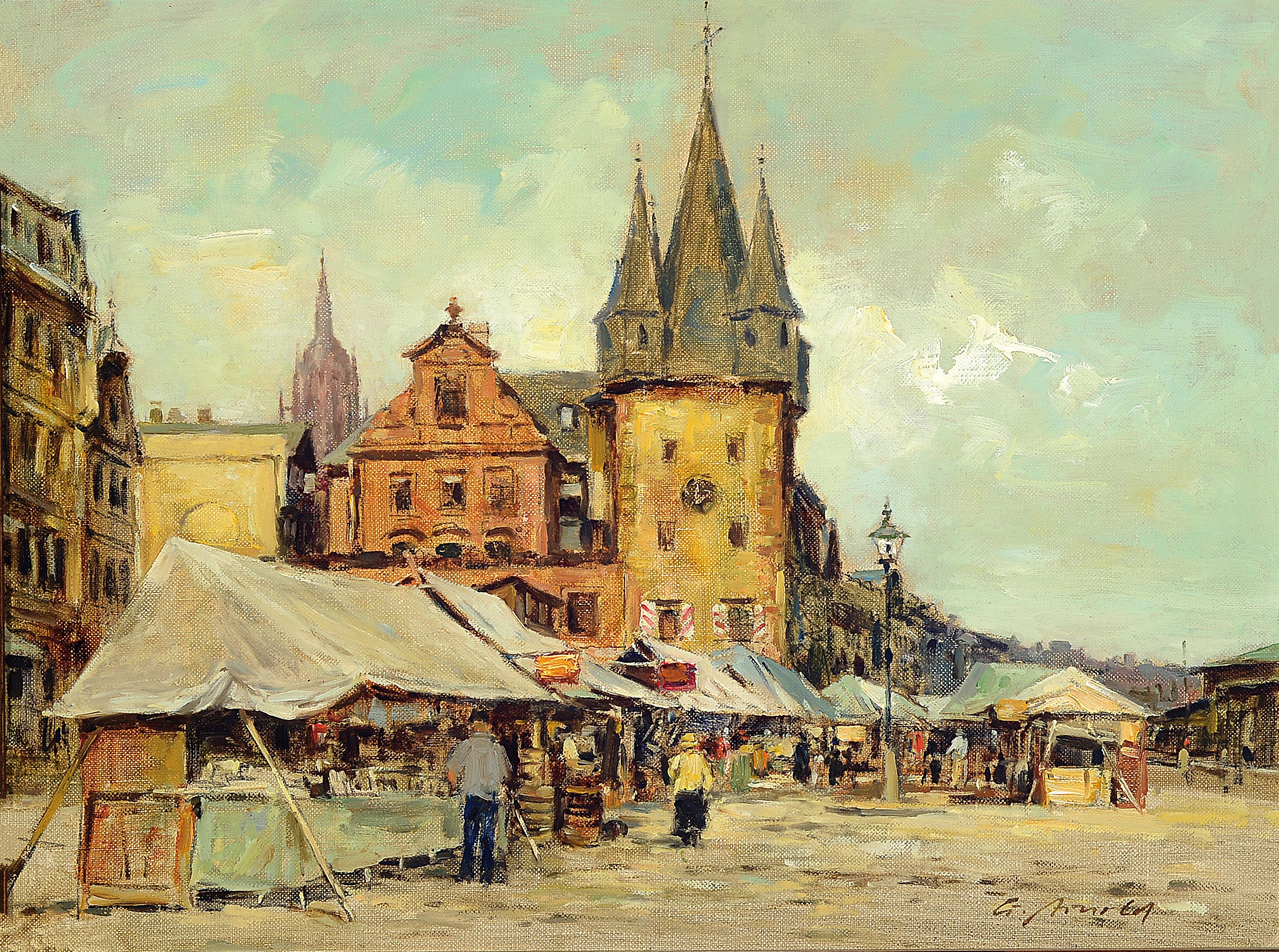 Arnold, Traditionalist 2. Hälfte 20. Jh., zwei Gemälde, a. "Die alte Frankfurter Schirn", 38 x 55 cm, Rahmen: ca. 51 x 67 cm und b. ...