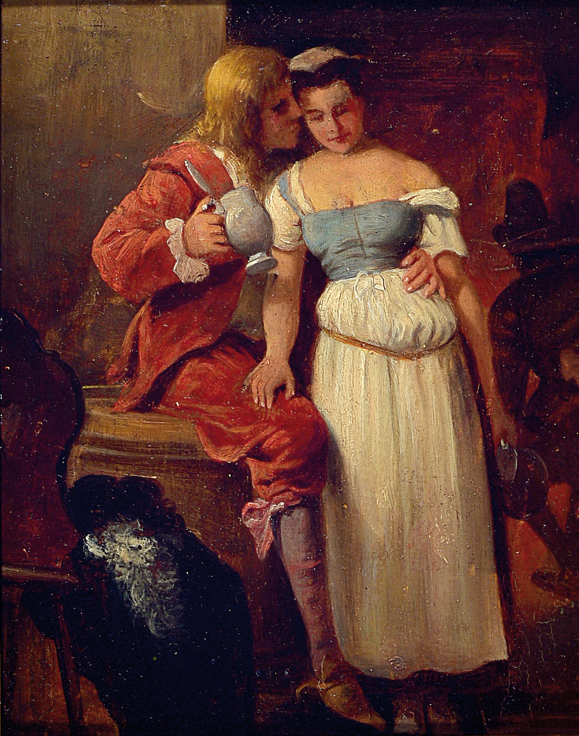 August Hermann Knoop, 1856 - 1919, poussierndes Paar in der Schenke, Öl/Karton, rückseitig bezeichnet Original Knoop, unsigniert, ca. 22x15.5 cm, ...