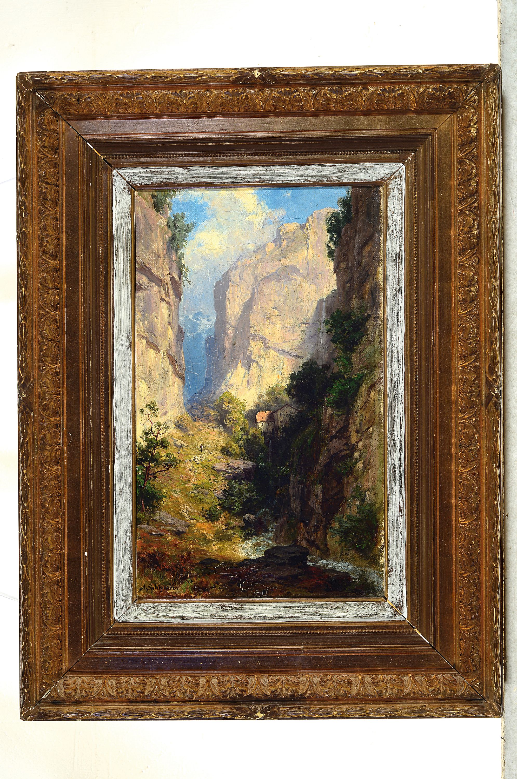 Detail k: August Karl Martin Splitgerber, 1844 Steingaden - 1918 München, Alpenlandschaft, Schäfer mit seinen Tieren in einer tiefen Schlucht, Öl/Lwd, ...